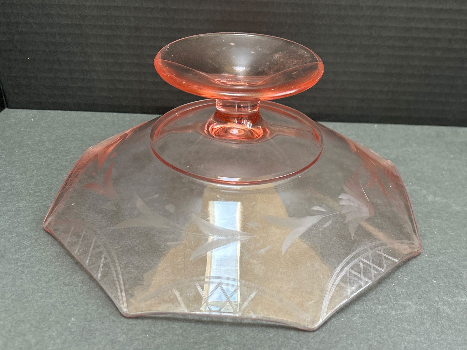 Pink Glass Pedestal Compote With Engraved Bird Motif and Geometric Design - 3