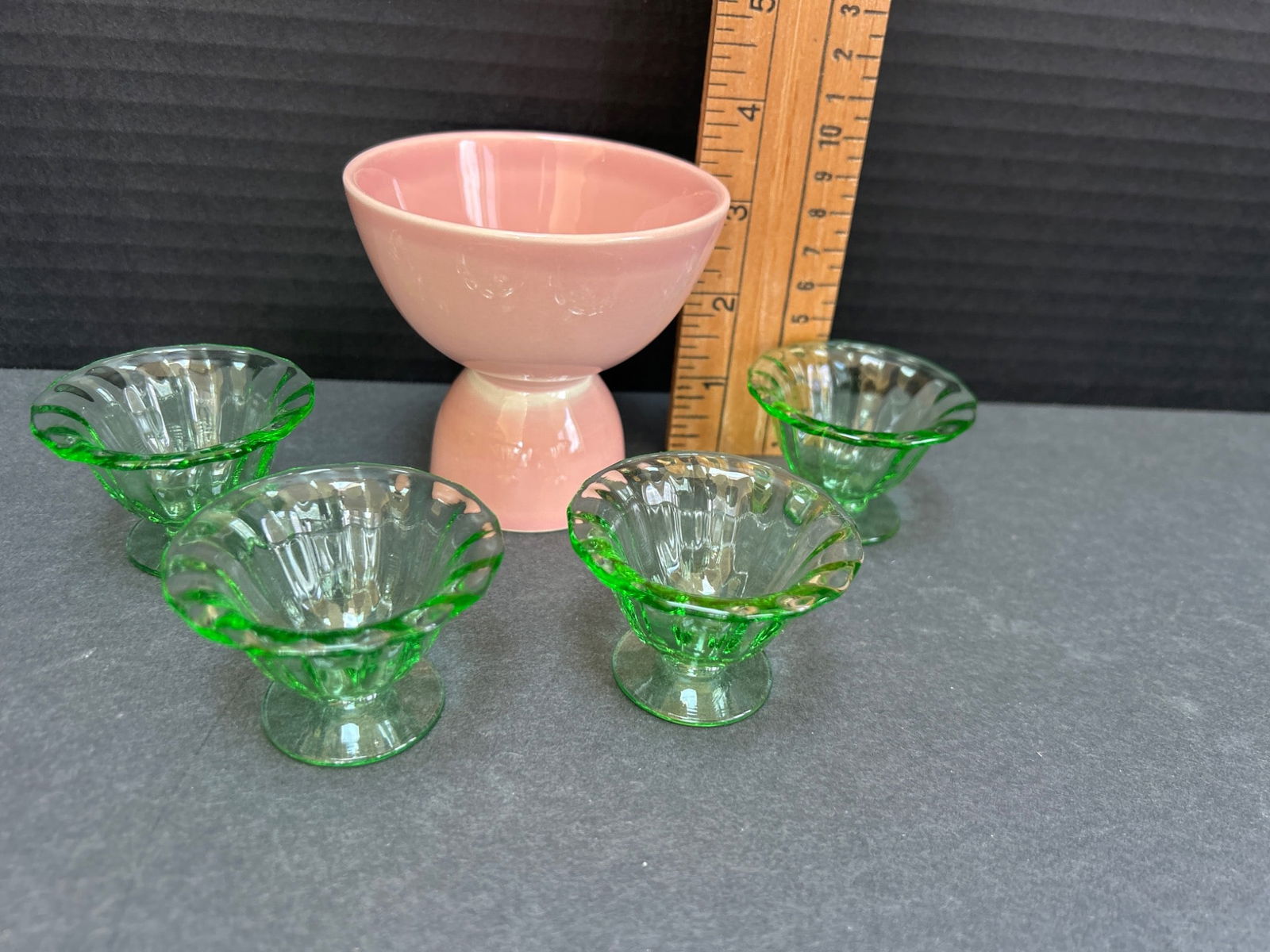 4 Green Glass Dessert Dishes and 1 Pink Ceramic Pedestal Bowl - 2