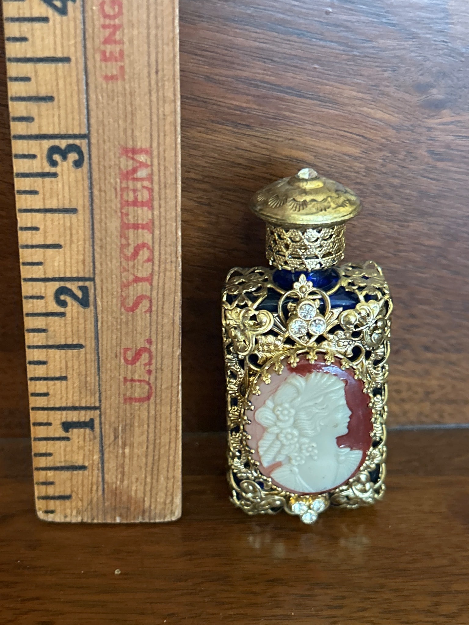 Gold Filigree Blue Glass Perfume Bottle with Cameo Motif - 2
