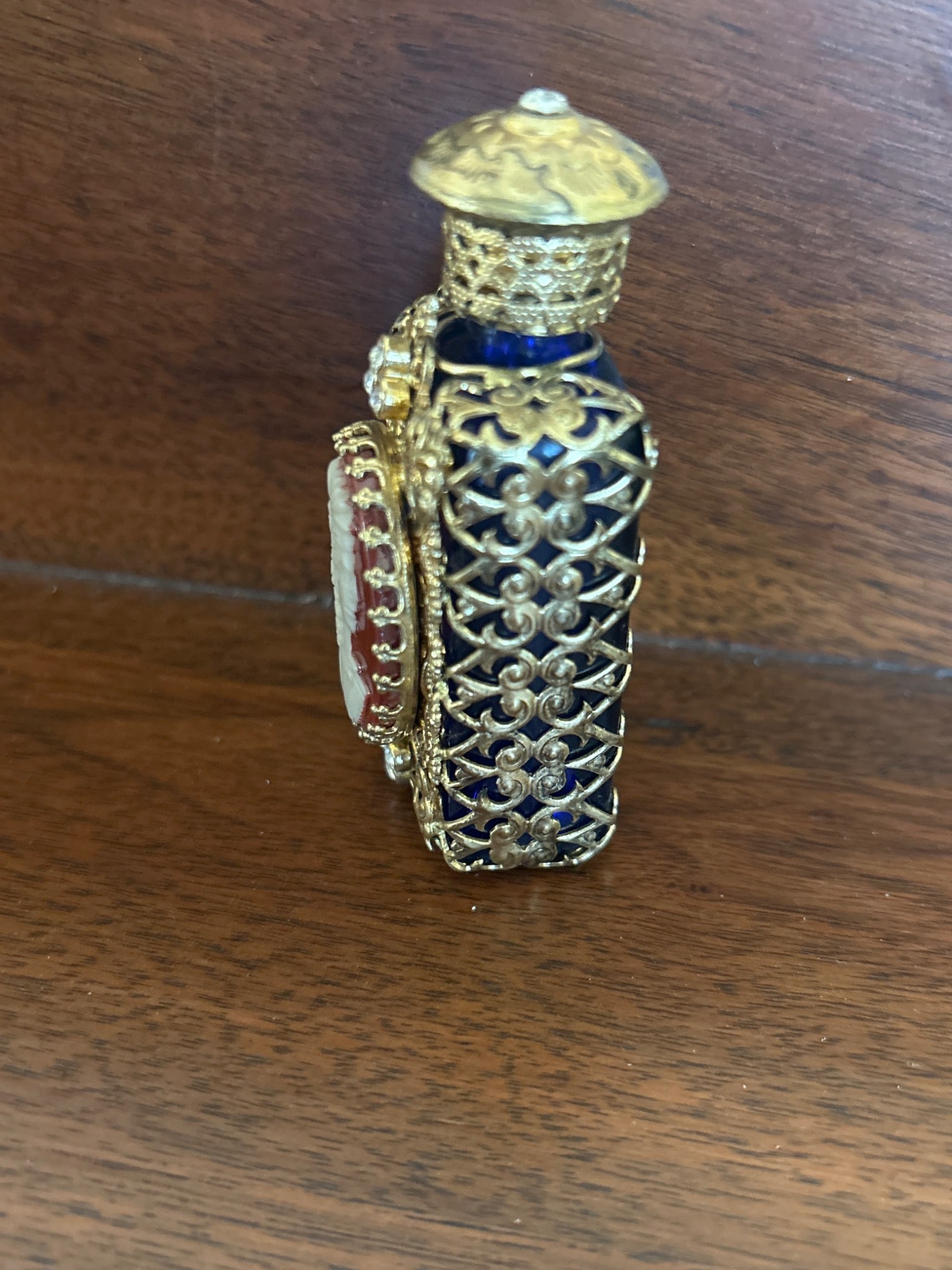 Gold Filigree Blue Glass Perfume Bottle with Cameo Motif - 3