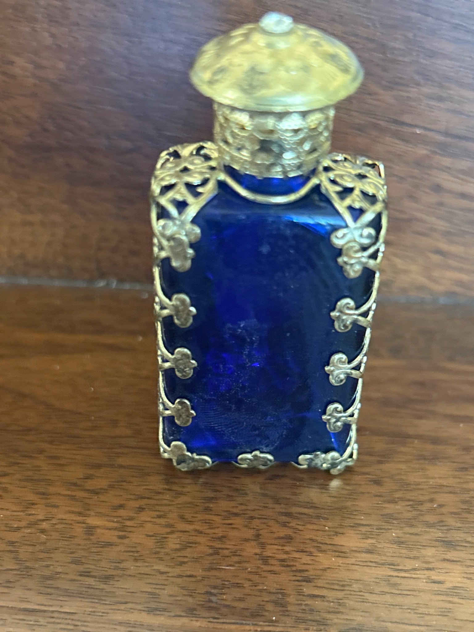 Gold Filigree Blue Glass Perfume Bottle with Cameo Motif - 4