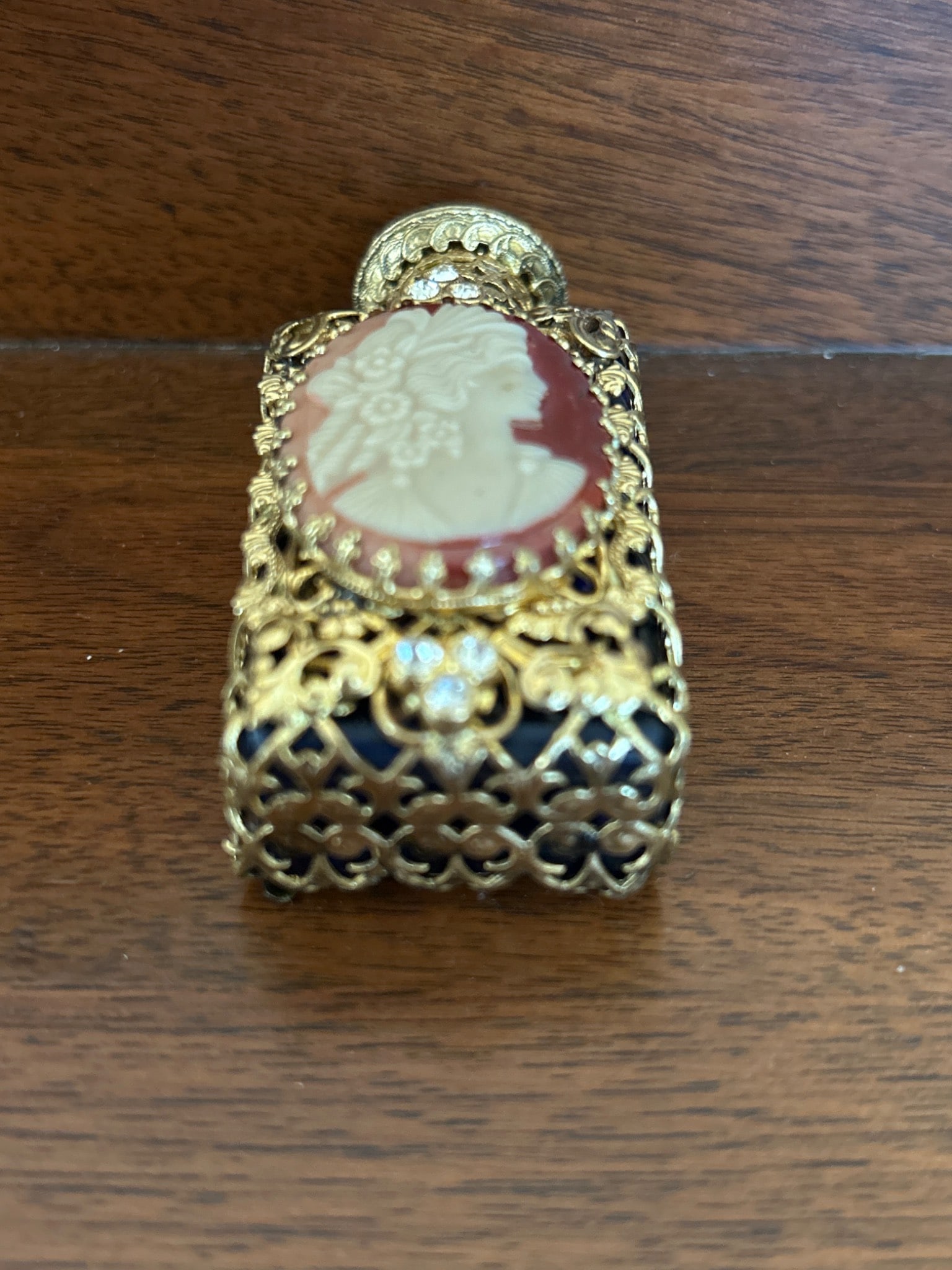 Gold Filigree Blue Glass Perfume Bottle with Cameo Motif - 6