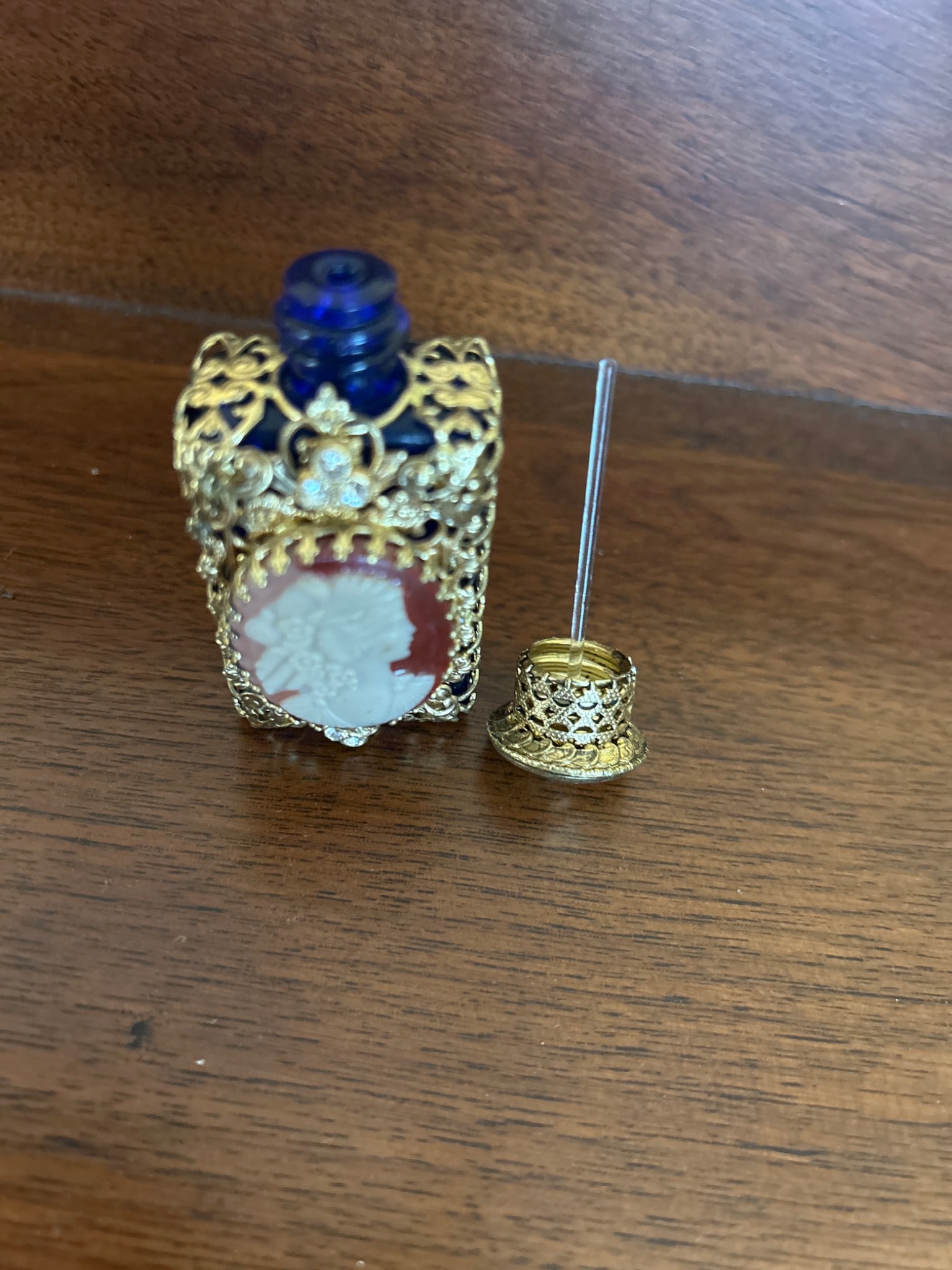 Gold Filigree Blue Glass Perfume Bottle with Cameo Motif - 7