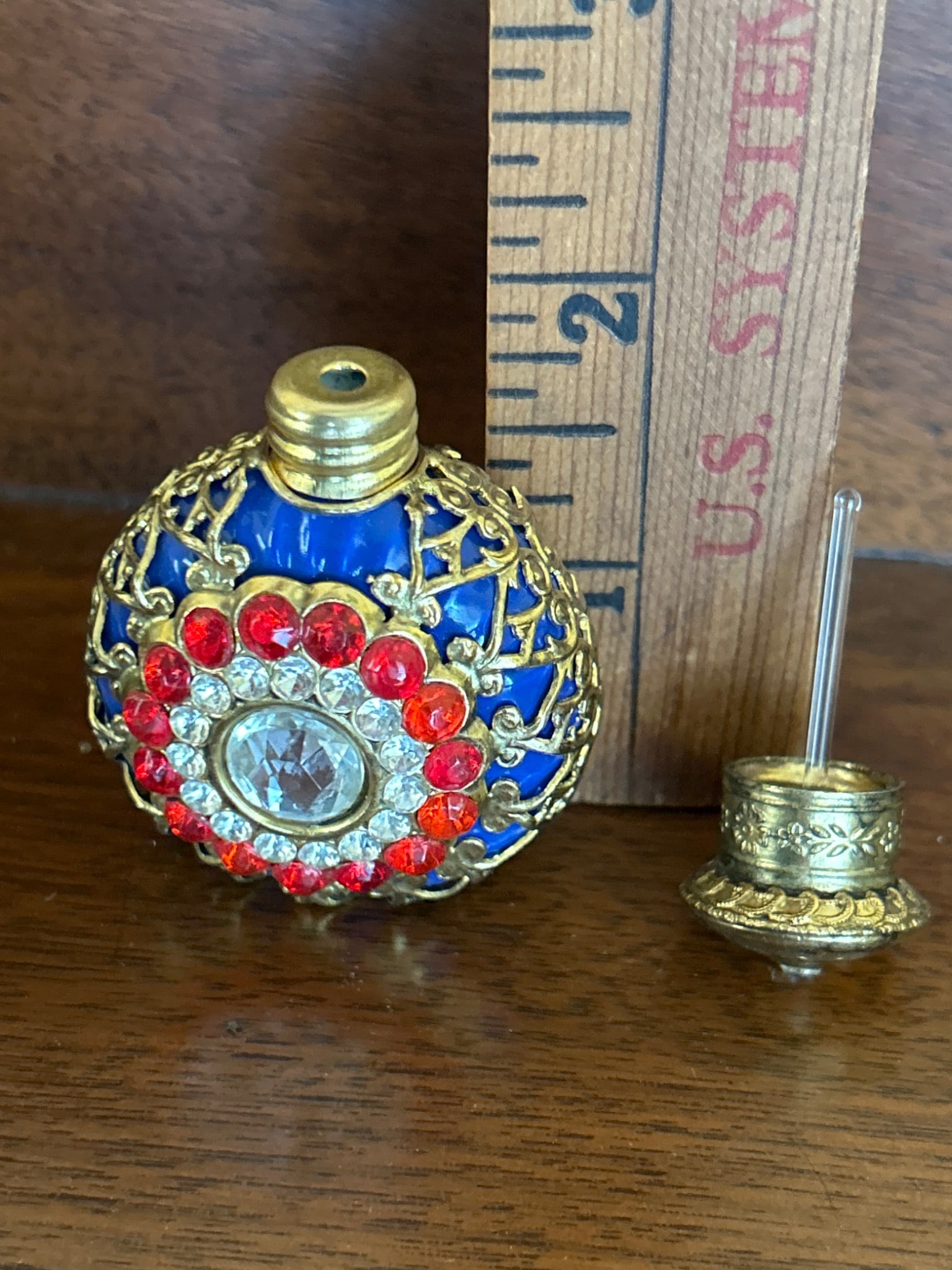 Blue Glass Perfume Bottle With Ornate Metal and Rhinestone Overlay - 5