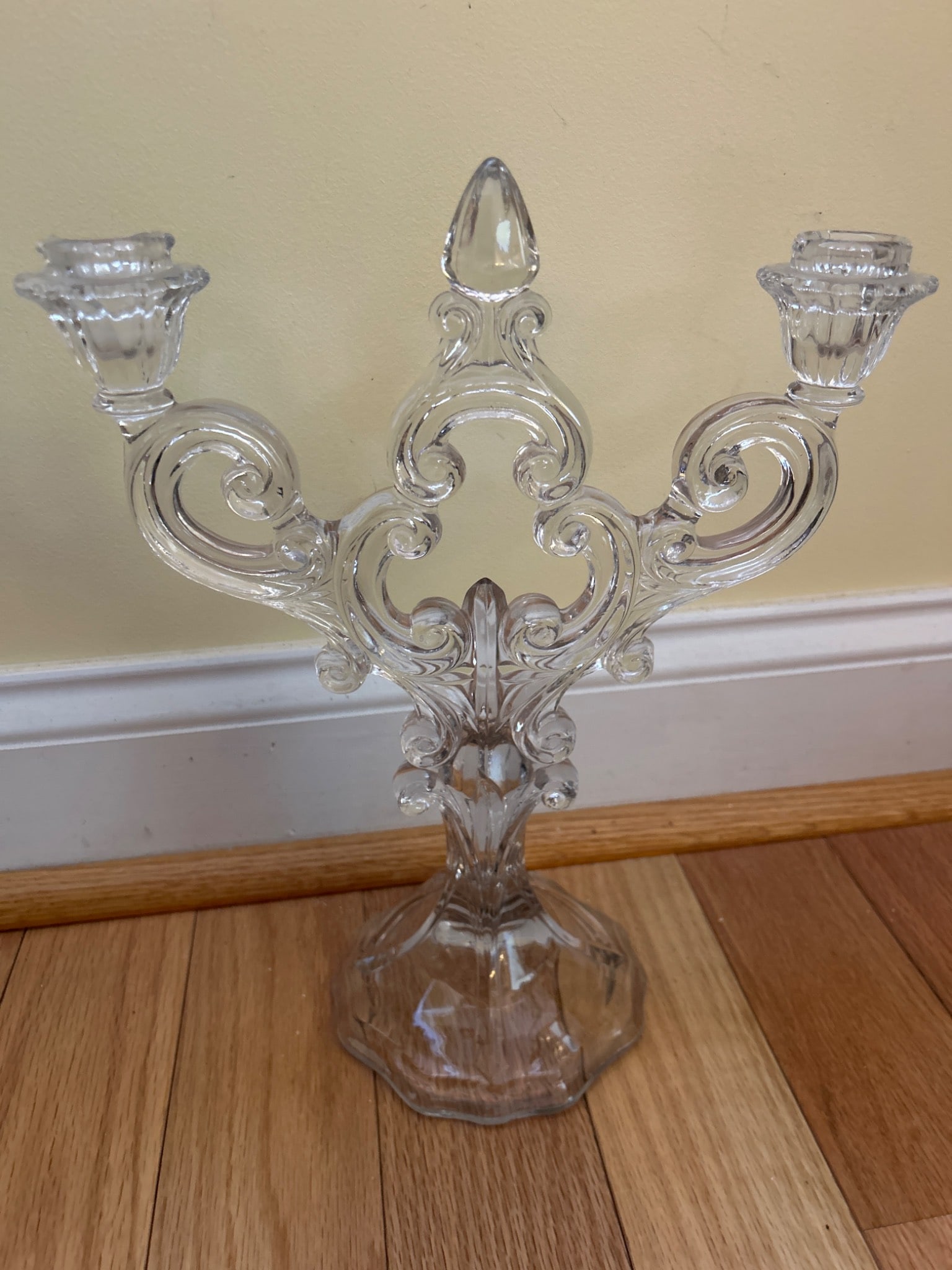 Glass Three-Arm Candelabra with Ornate Scroll Design - 3