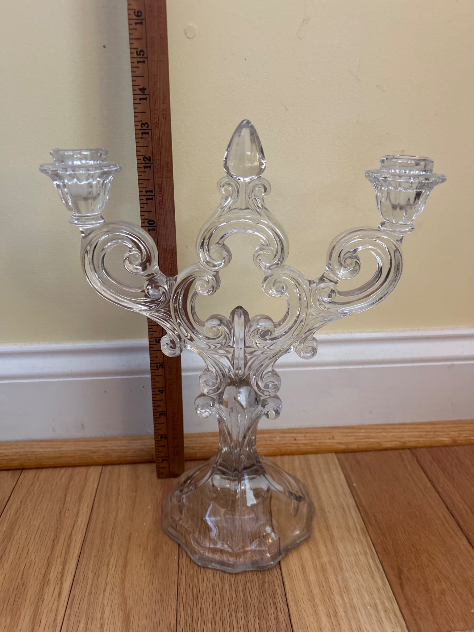 Glass Three-Arm Candelabra with Ornate Scroll Design - 4