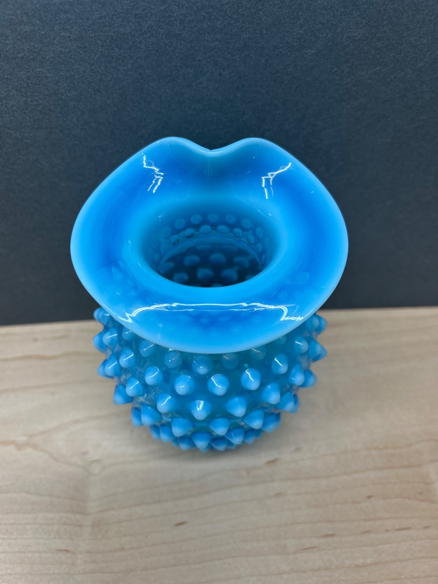 Blue Hobnail Glass Vase With Ruffled Top Edge - Approx. 5 Inches Tall - 2