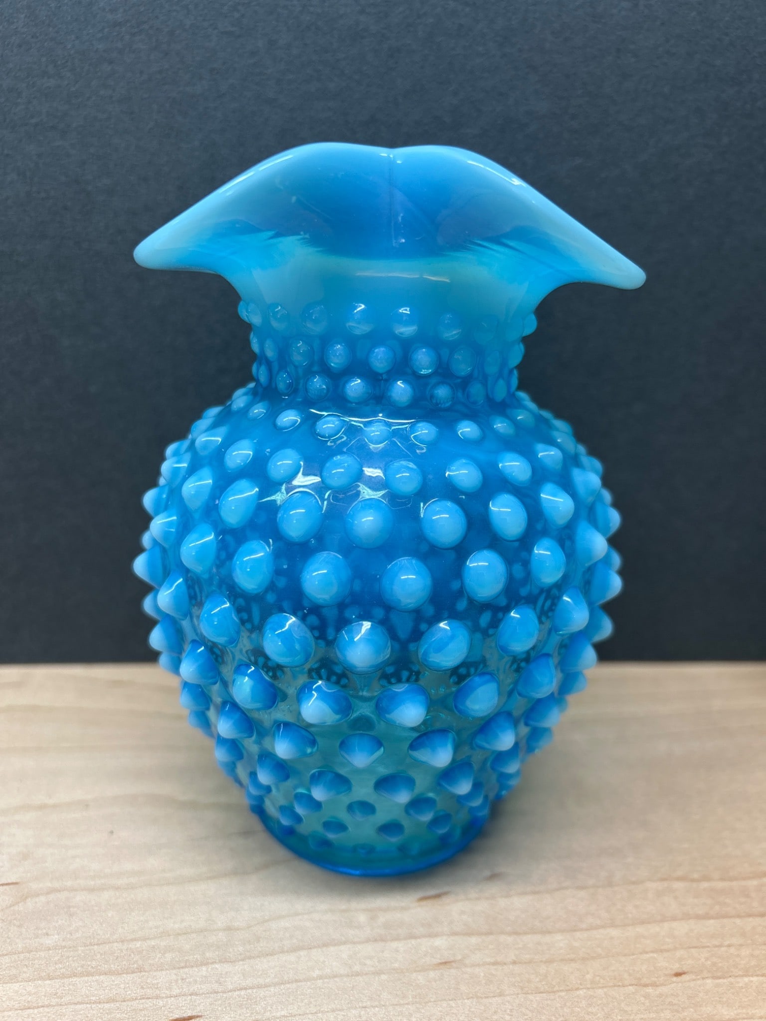 Blue Hobnail Glass Vase With Ruffled Top Edge - Approx. 5 Inches Tall - 4