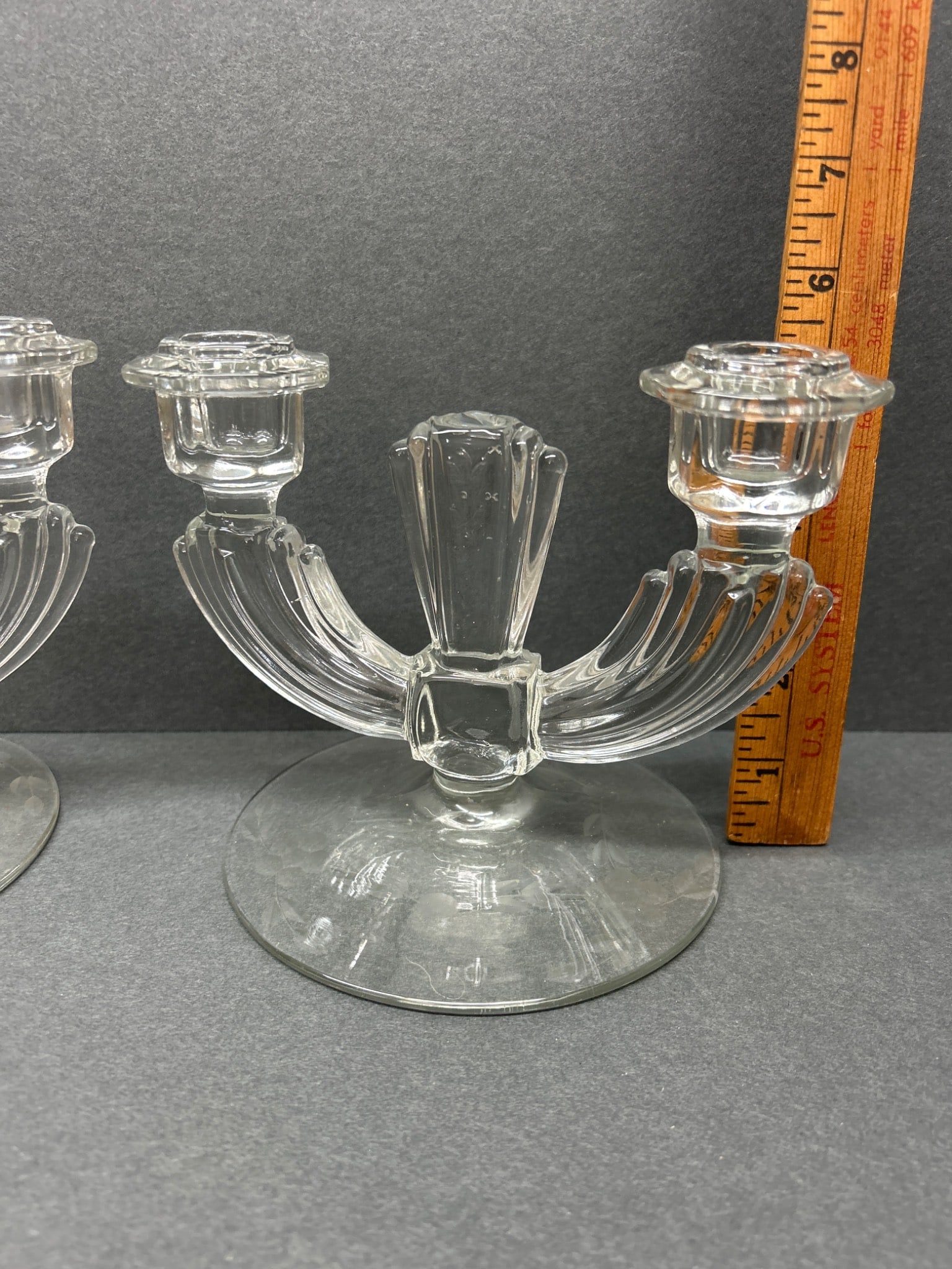 Clear Glass Two-Light Candlesticks with Floral Etched Base - 2