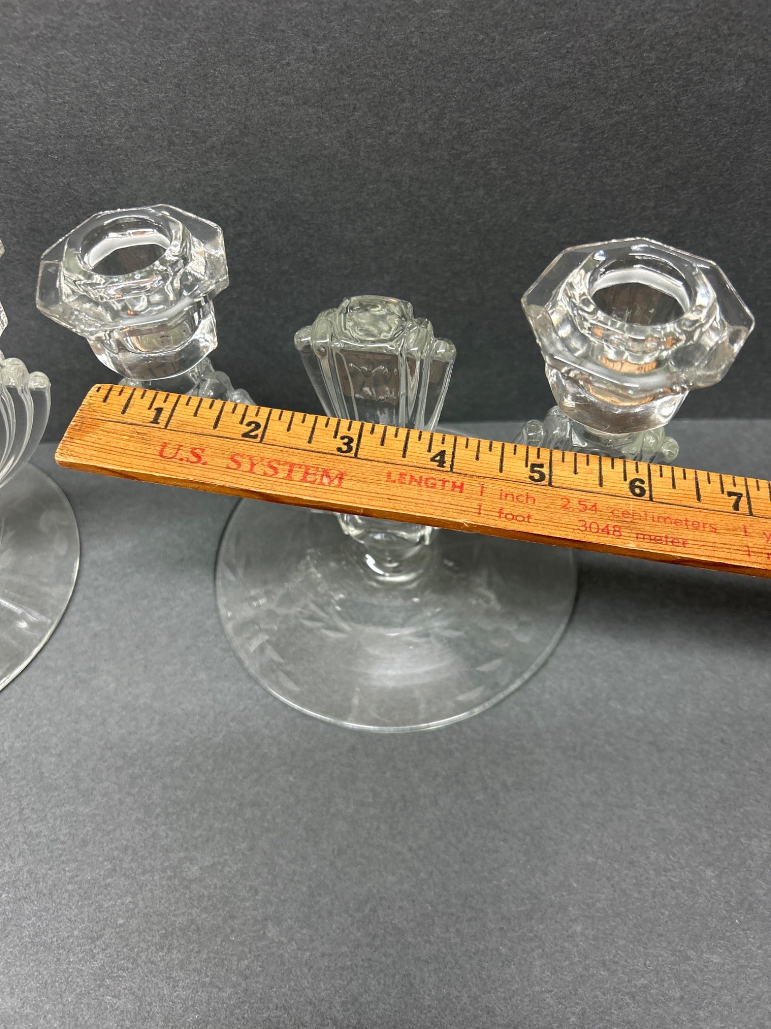 Clear Glass Two-Light Candlesticks with Floral Etched Base - 3