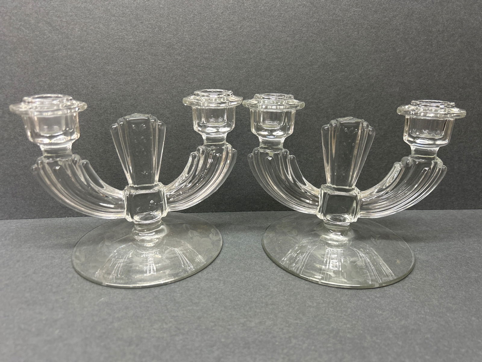 Clear Glass Two-Light Candlesticks with Floral Etched Base - 4