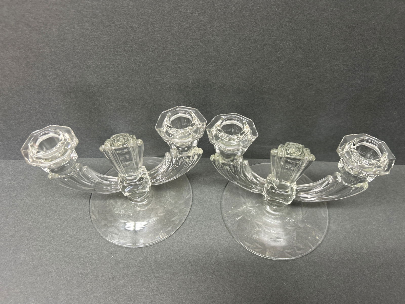 Clear Glass Two-Light Candlesticks with Floral Etched Base - 5