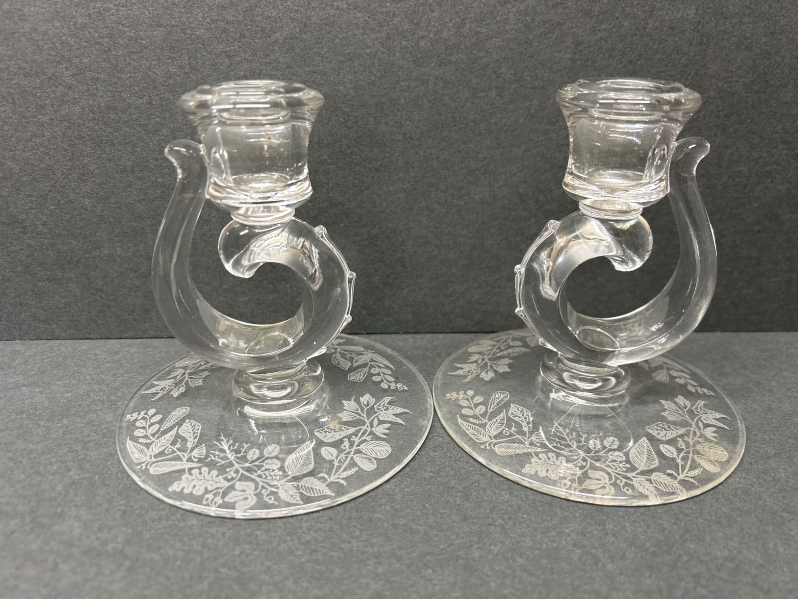 Glass Candlesticks With Floral Etched Bases And Scroll Design - 2