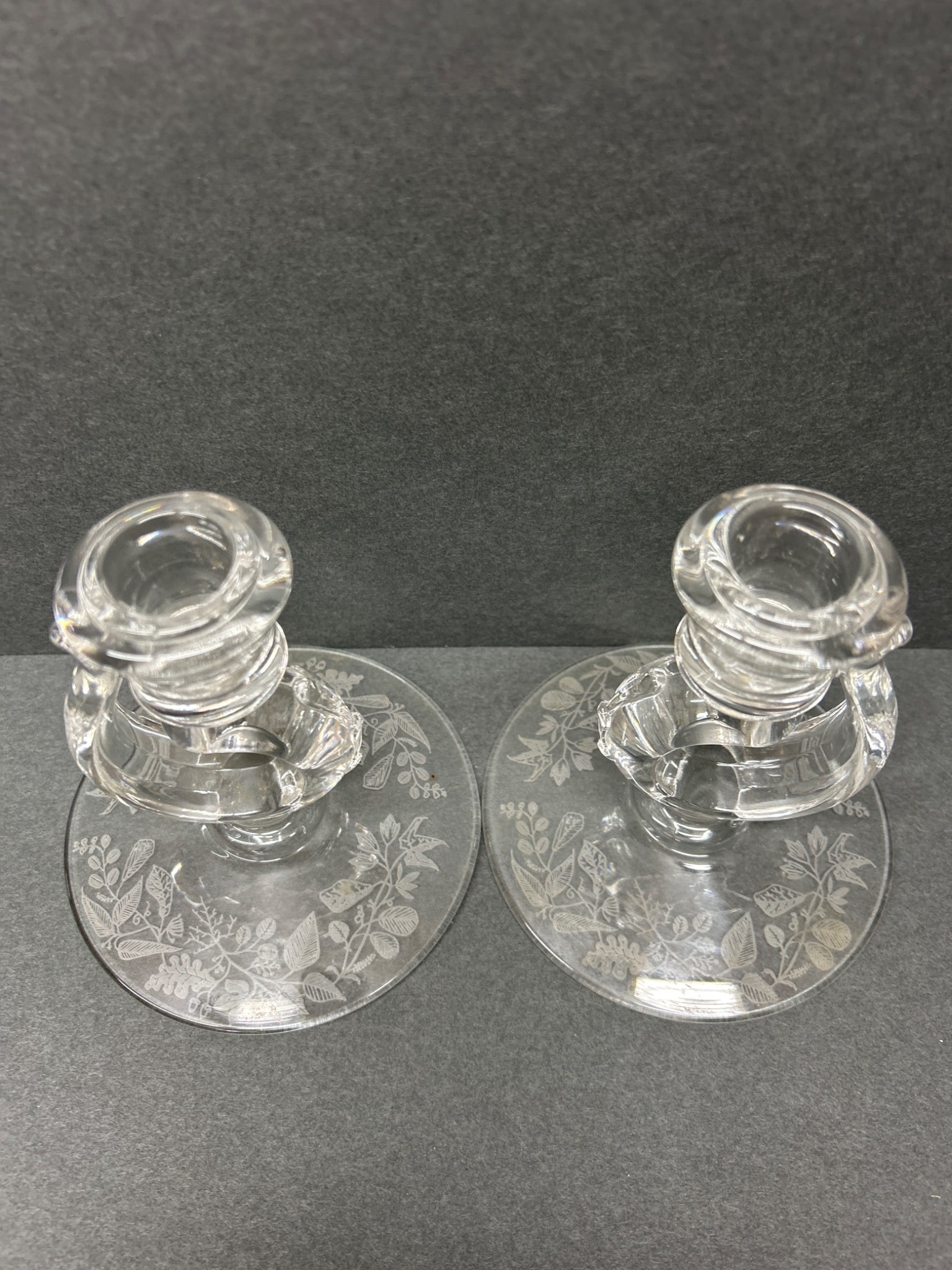 Glass Candlesticks With Floral Etched Bases And Scroll Design - 3