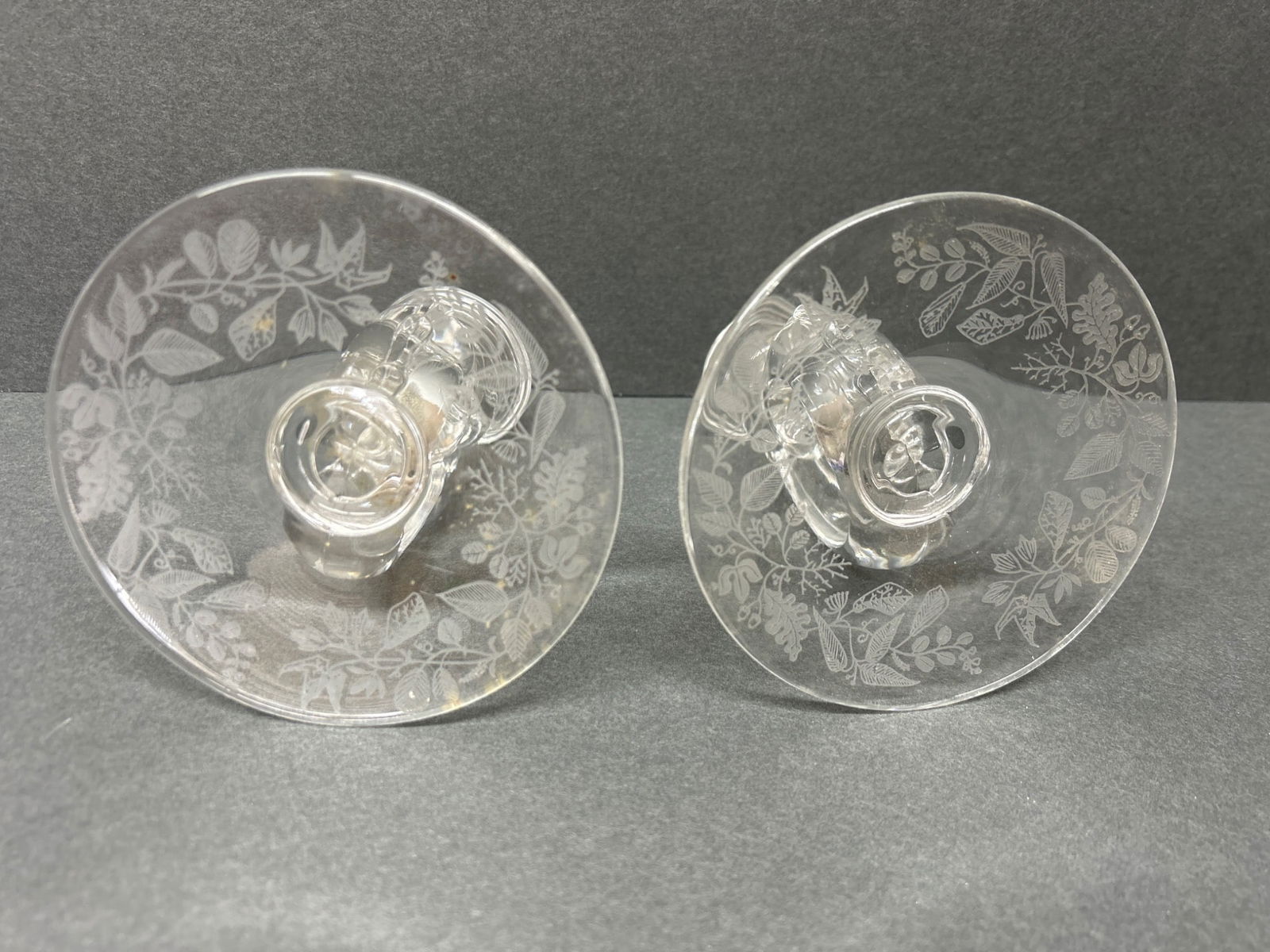 Glass Candlesticks With Floral Etched Bases And Scroll Design - 4