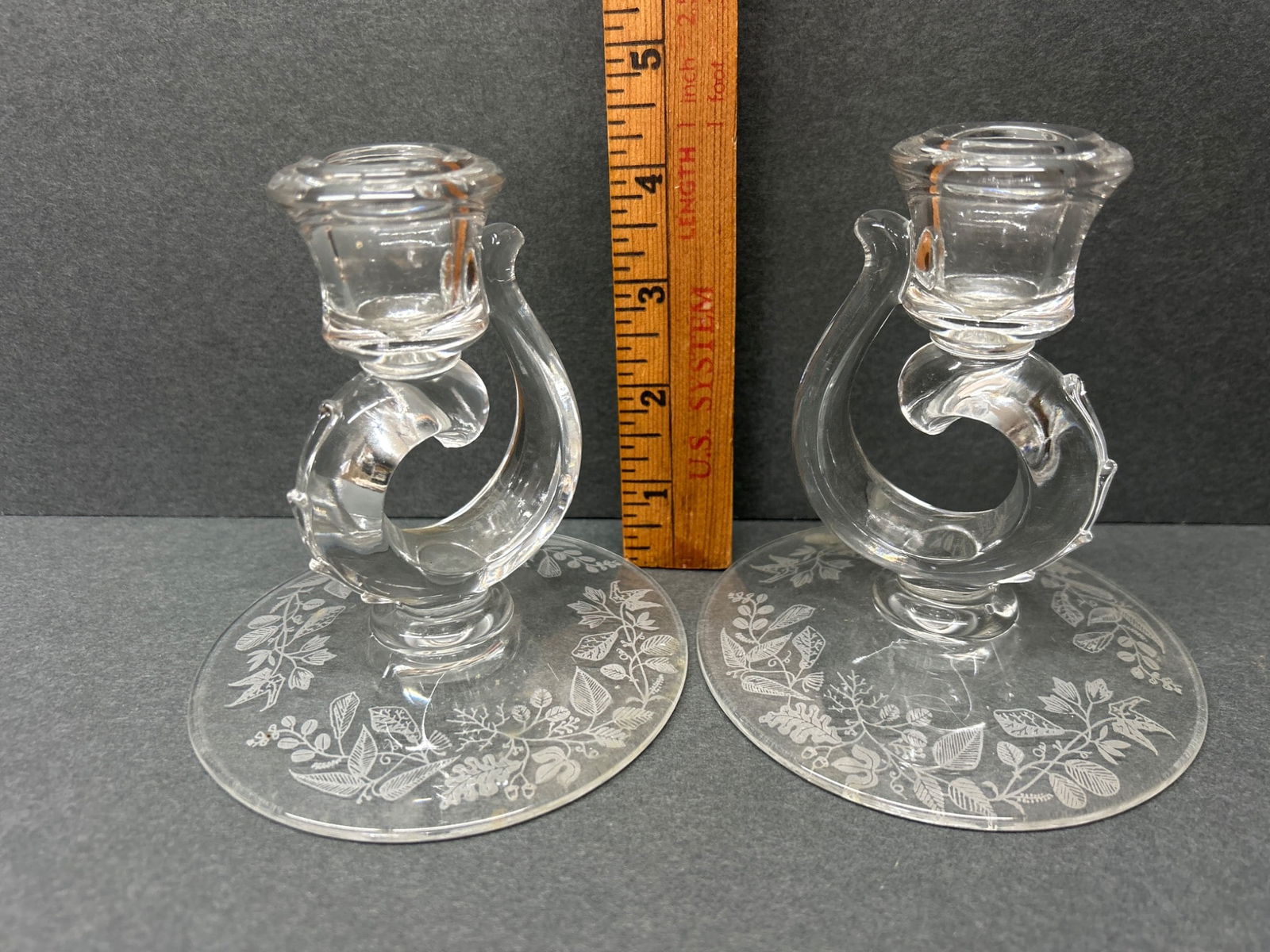 Glass Candlesticks With Floral Etched Bases And Scroll Design - 5