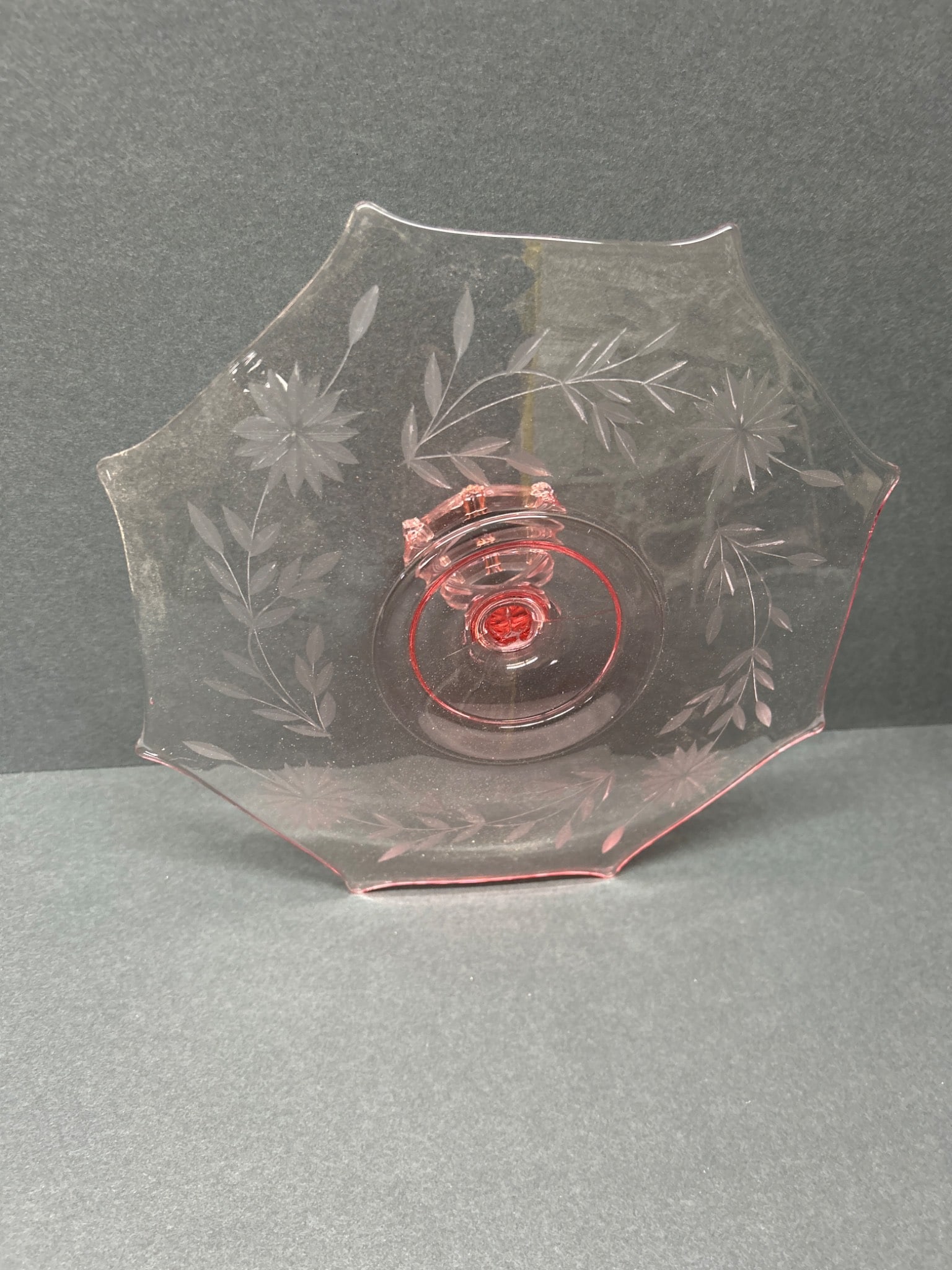 Etched Pink Depression Glass Sandwich Tray With Handle - 4