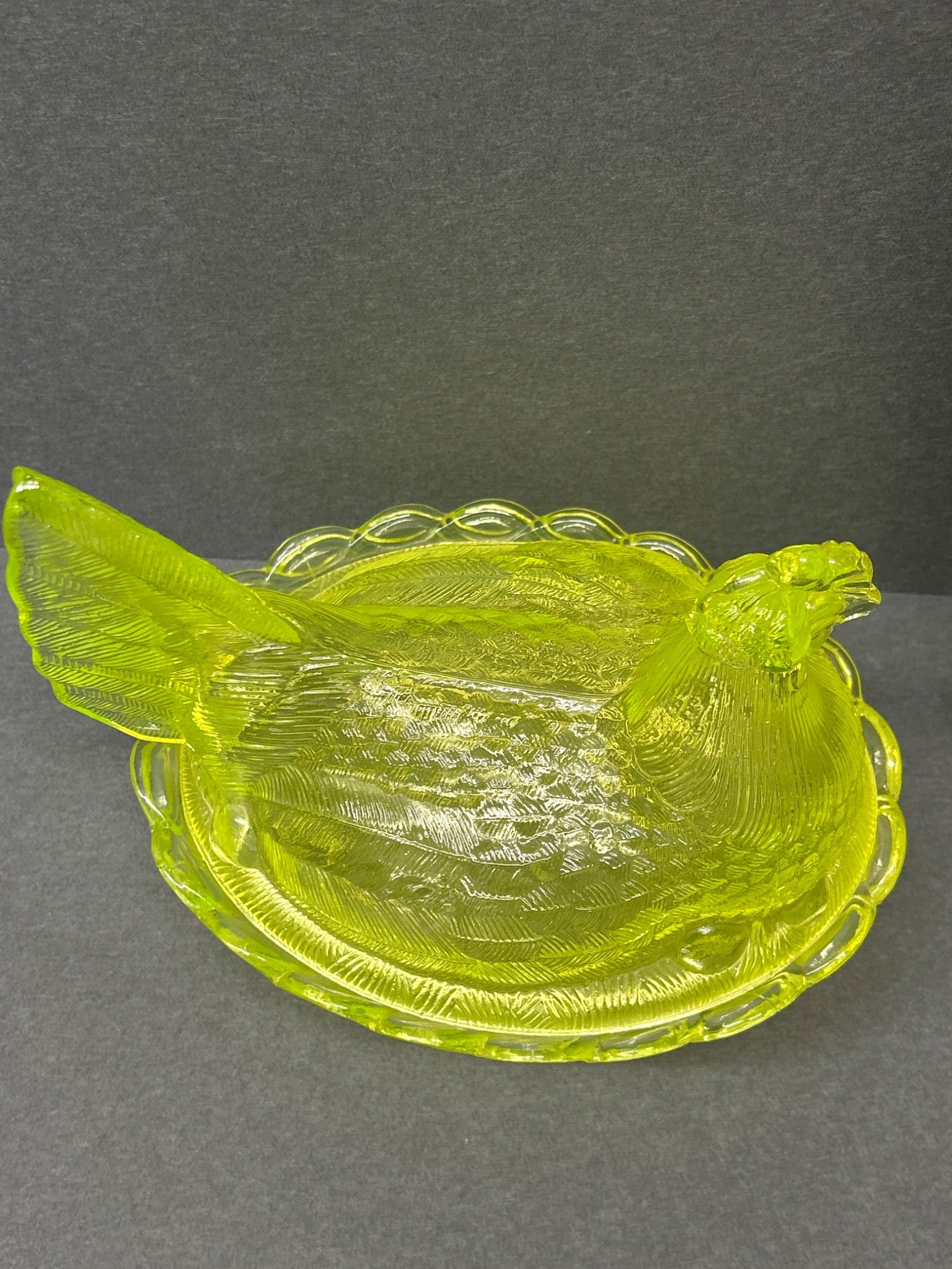 Pressed Uranium Glass Hen on Nest Covered Dish - 4