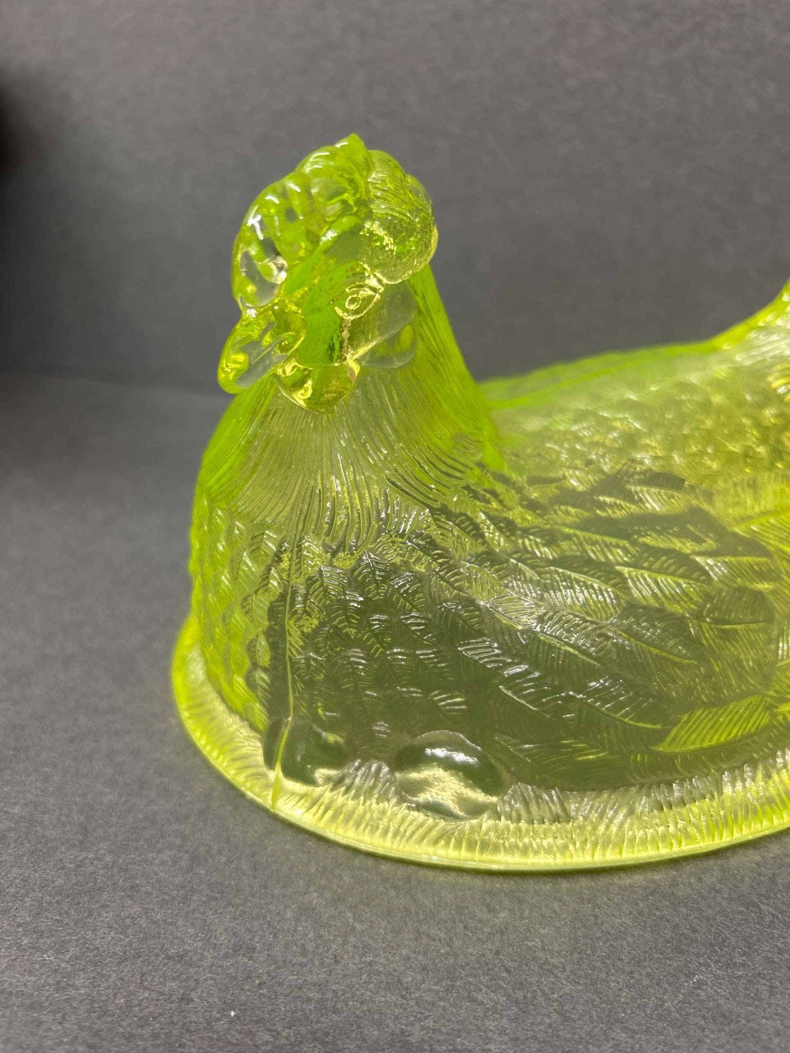 Pressed Uranium Glass Hen on Nest Covered Dish - 7