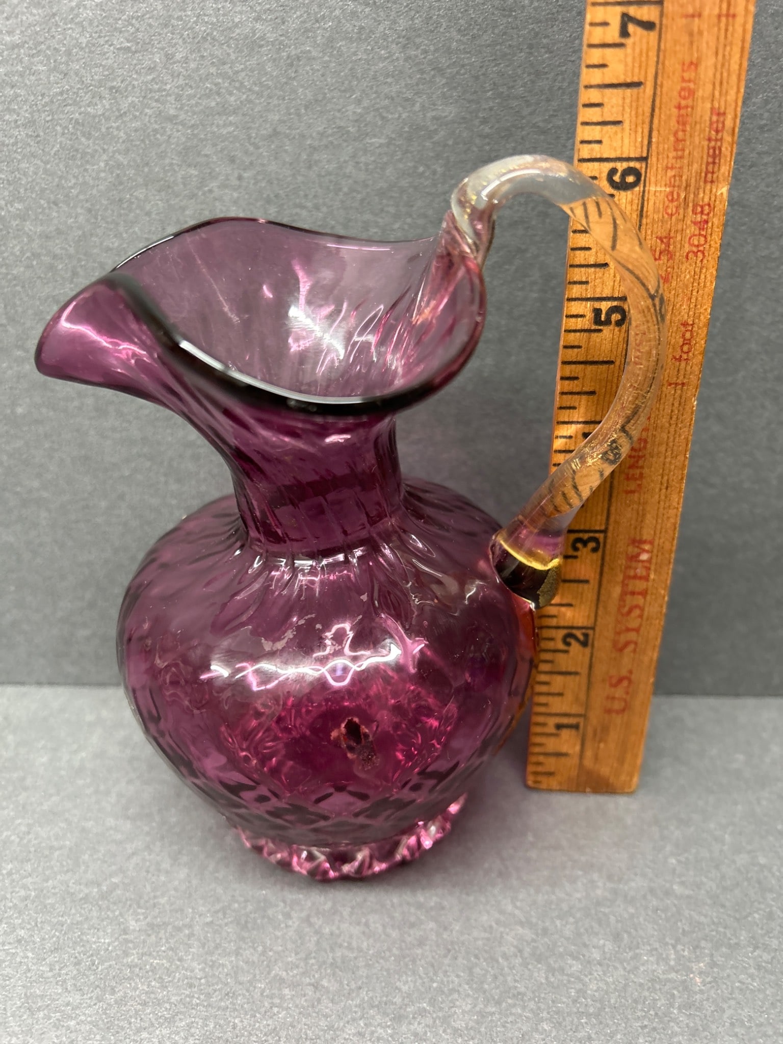 Small Hand-Blown Purple Glass Pitcher with Clear Handle - 2