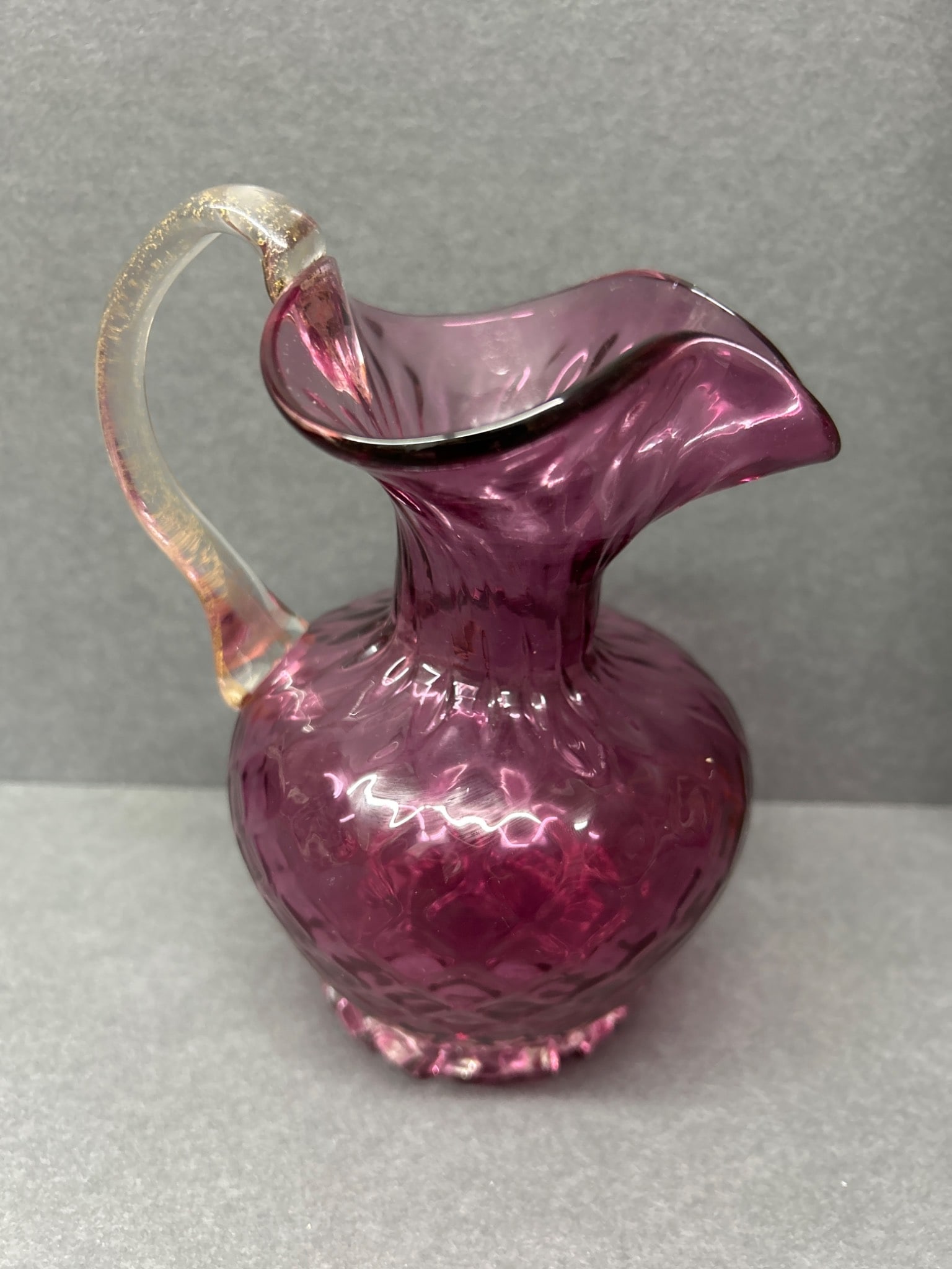 Small Hand-Blown Purple Glass Pitcher with Clear Handle - 4