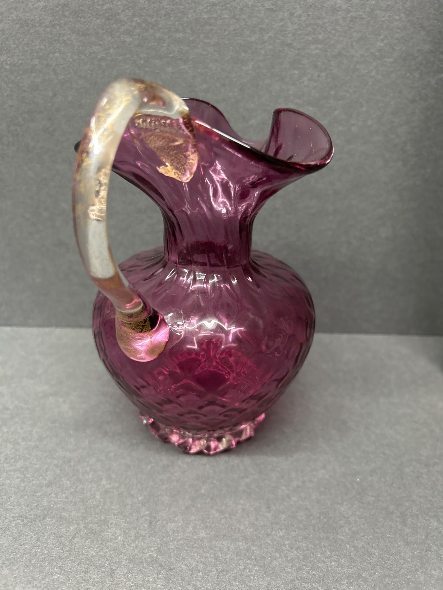 Small Hand-Blown Purple Glass Pitcher with Clear Handle - 5