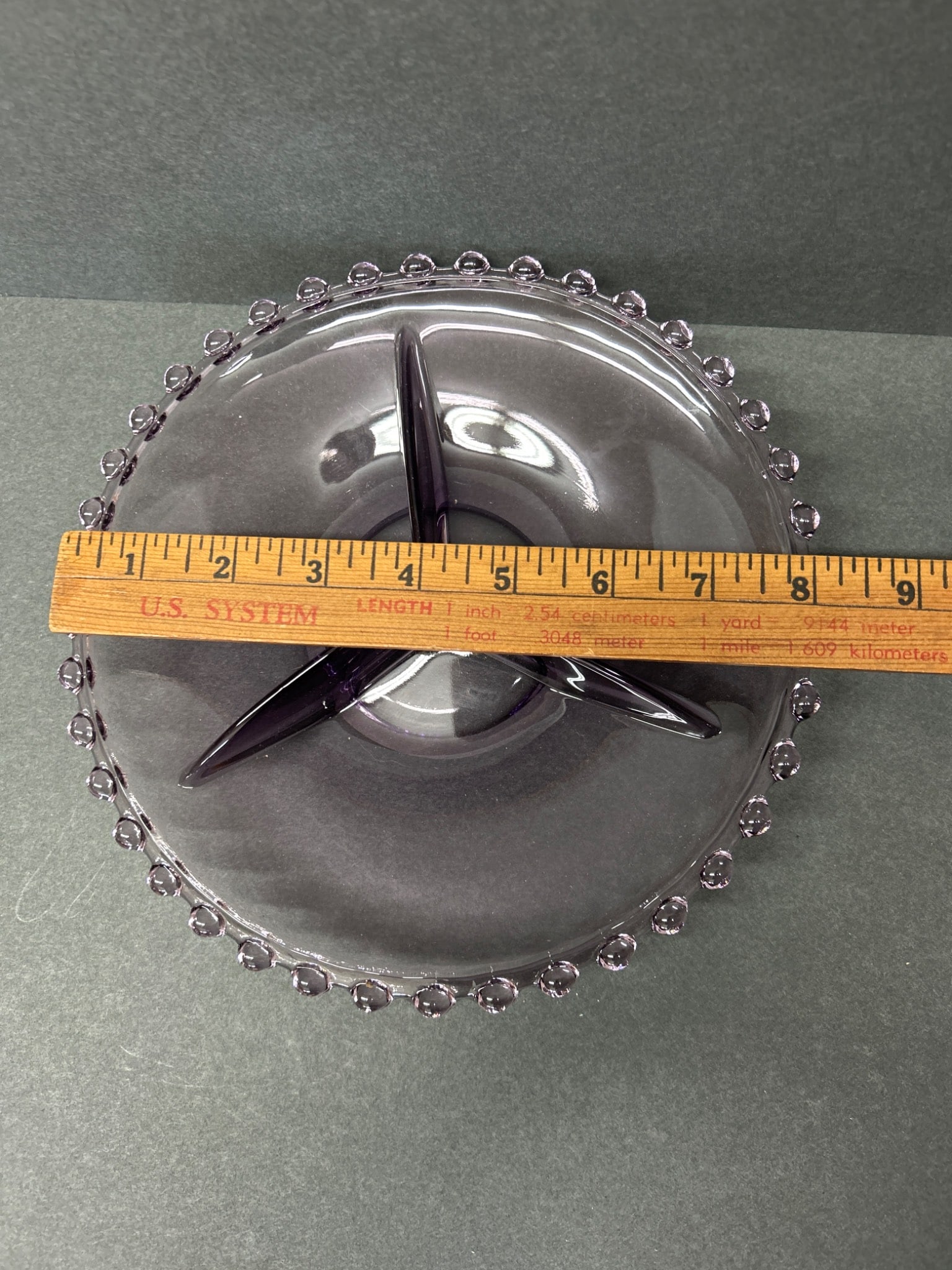 Purple Glass Divided Serving Dish With Beaded Rim - 3