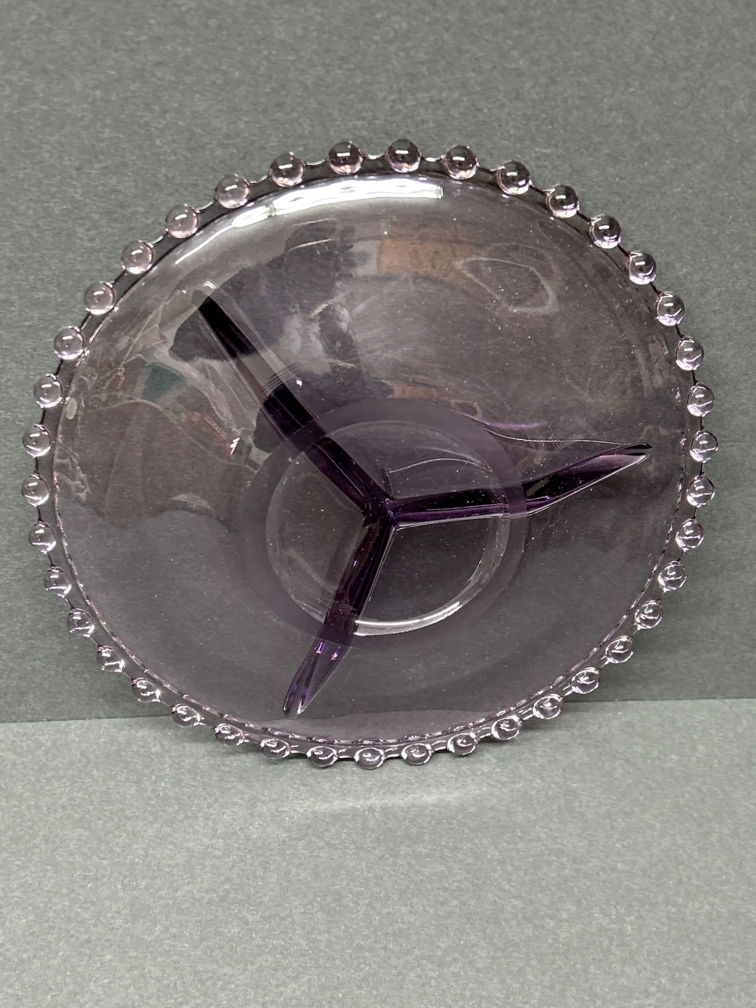 Purple Glass Divided Serving Dish With Beaded Rim - 4