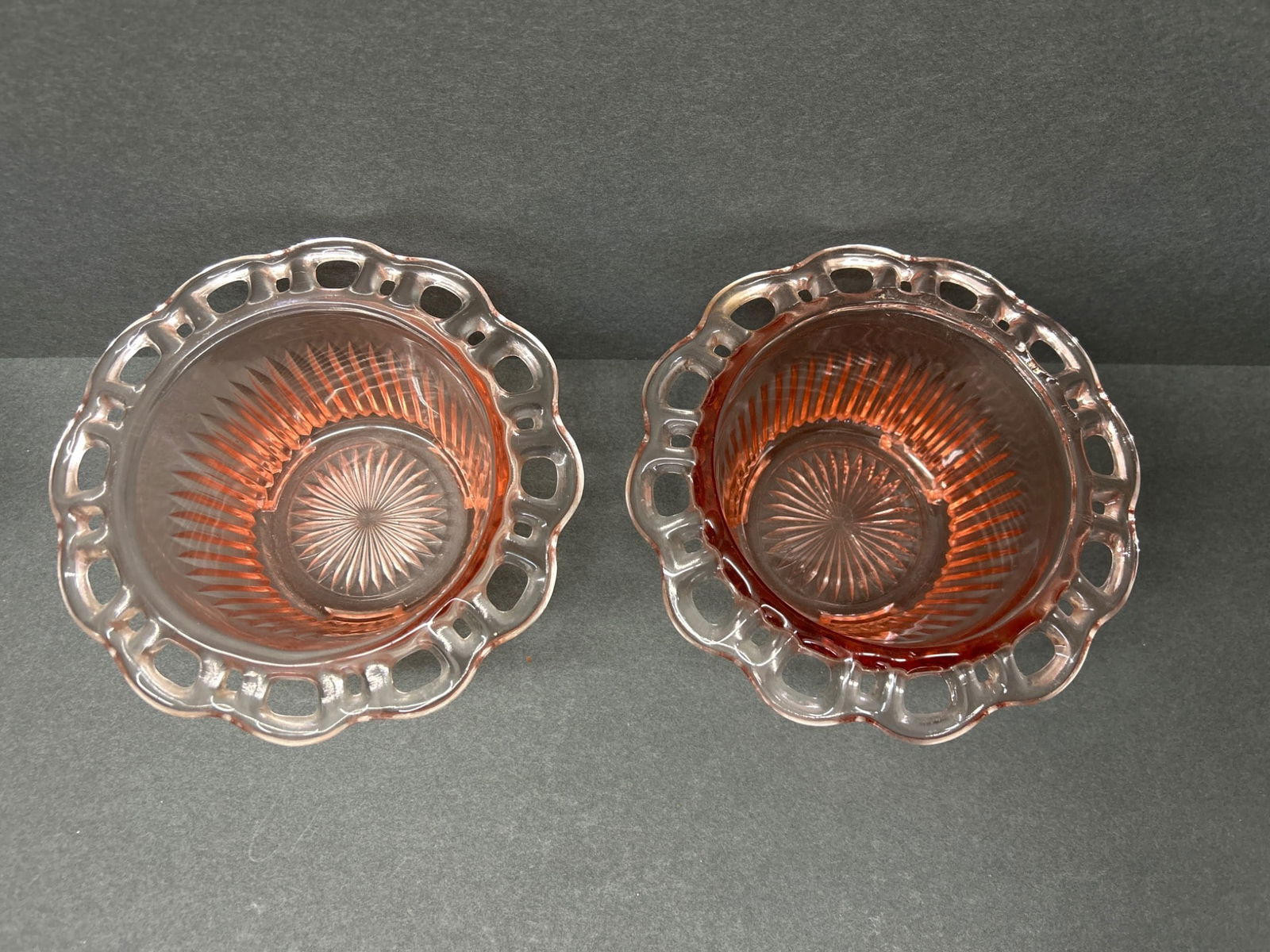 Pink Glass Bowls with Ribbed Body and Scalloped Rim - 2