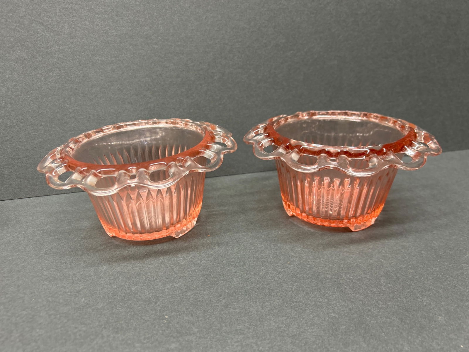 Pink Glass Bowls with Ribbed Body and Scalloped Rim - 4