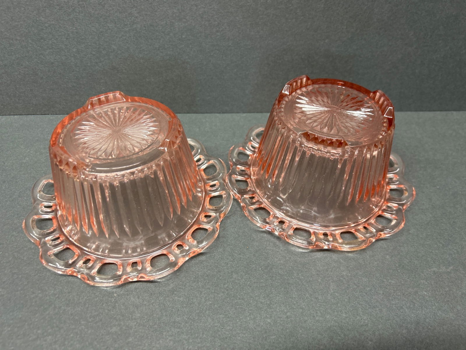 Pink Glass Bowls with Ribbed Body and Scalloped Rim - 6