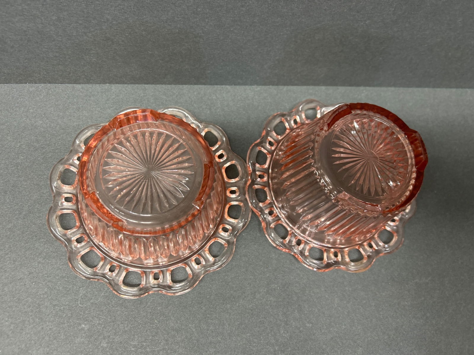Pink Glass Bowls with Ribbed Body and Scalloped Rim - 7
