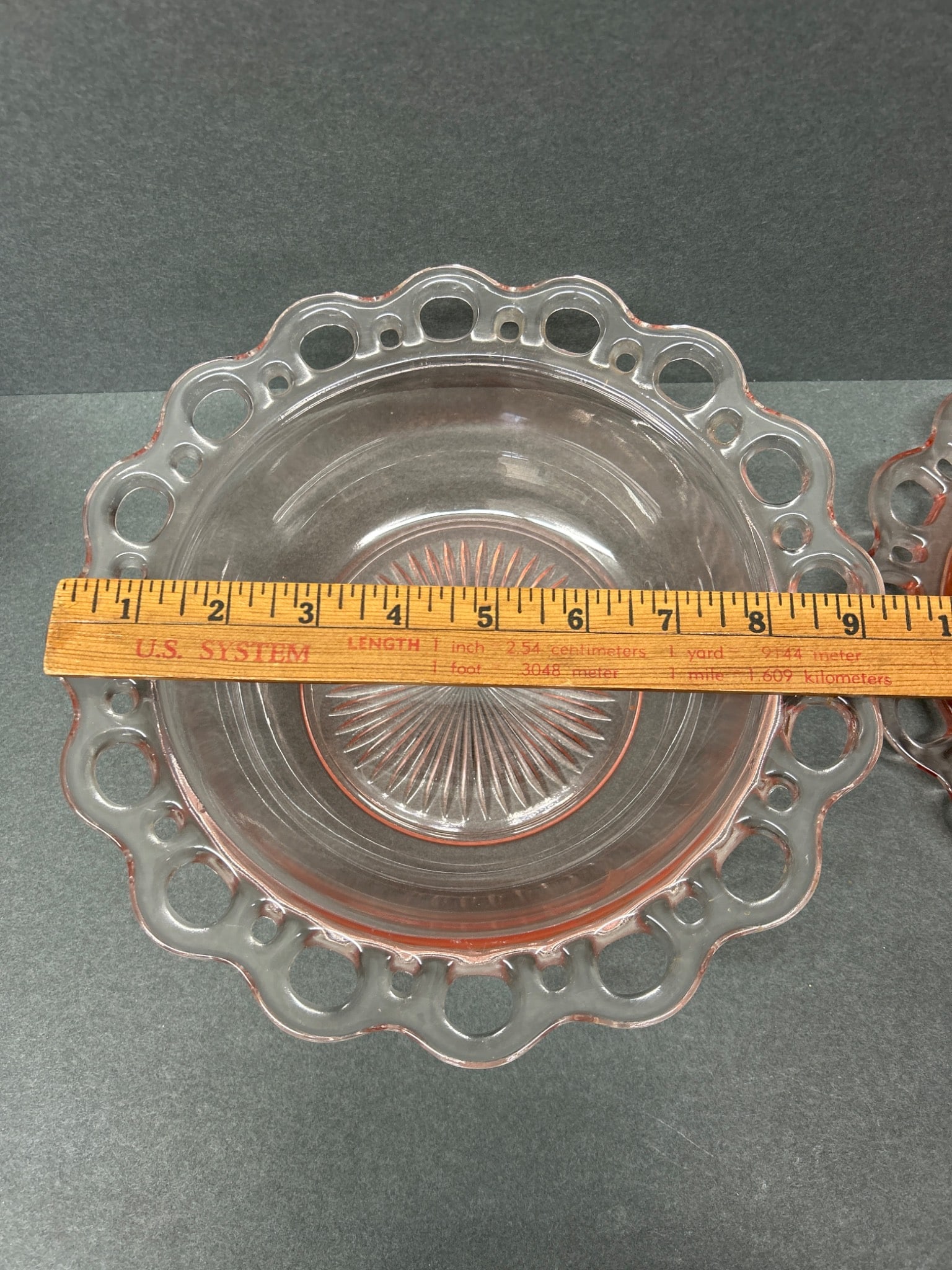 Two Pink Glass Bowls with Laced Rim and Starburst Pattern - 4