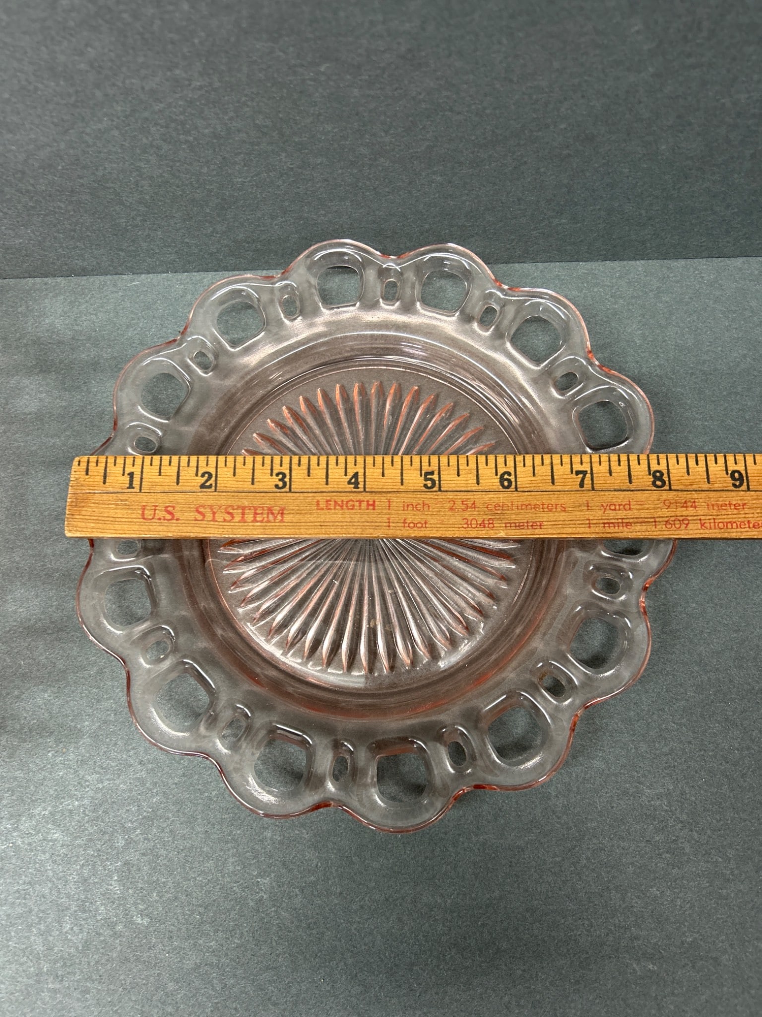 Two Pink Glass Bowls with Laced Rim and Starburst Pattern - 5