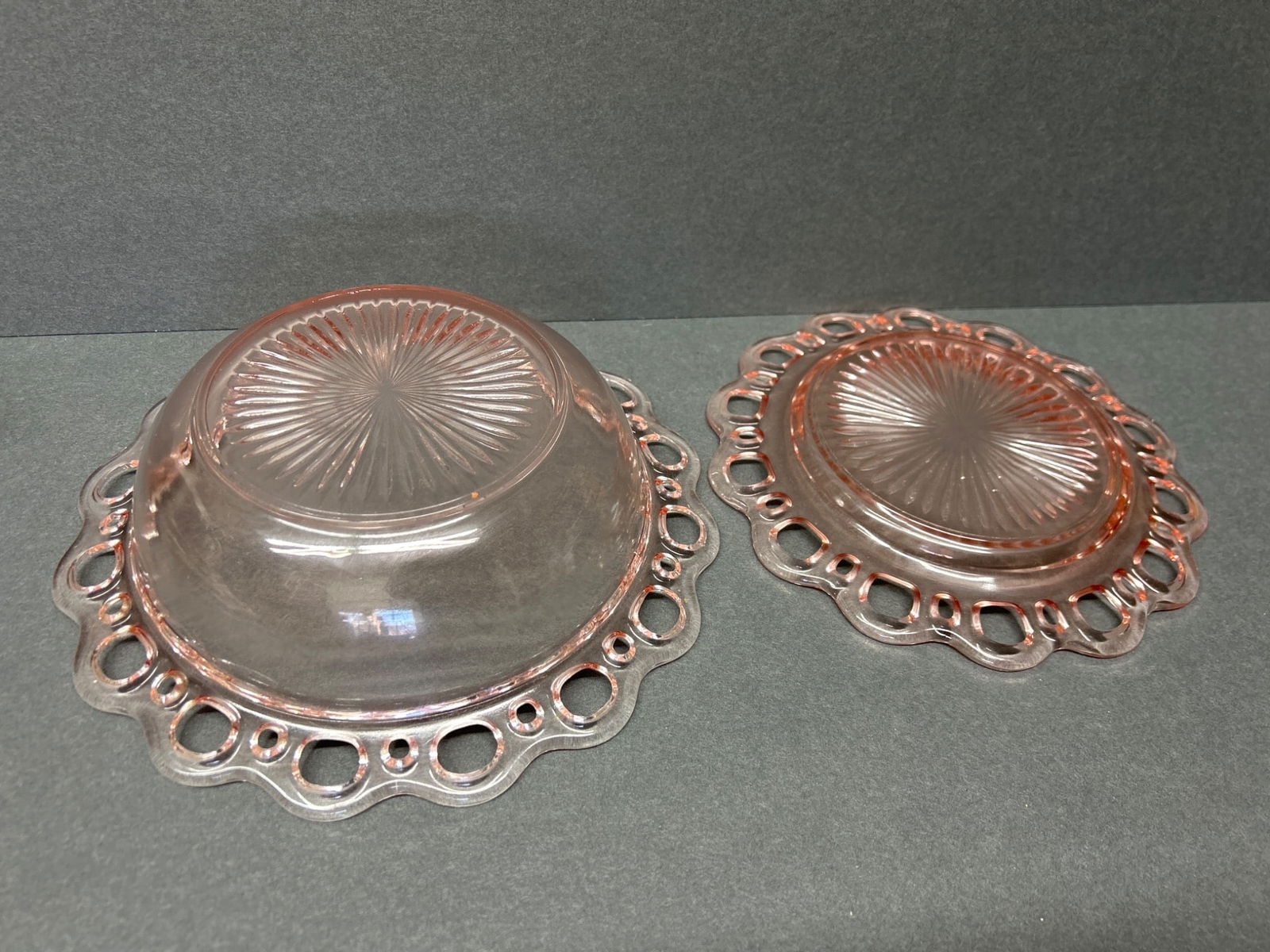 Two Pink Glass Bowls with Laced Rim and Starburst Pattern - 6