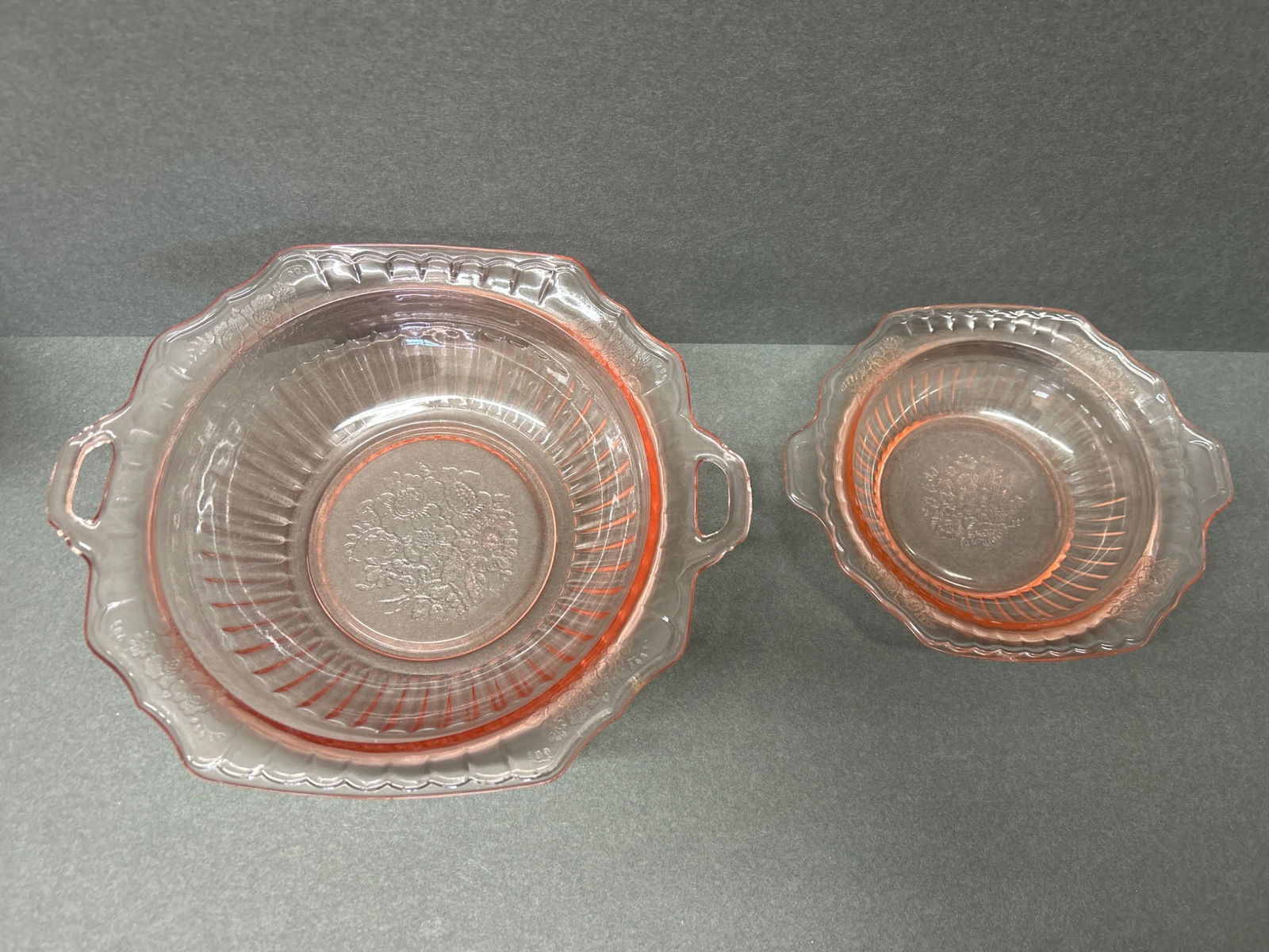 Two Pink Depression Glass Bowls with Floral Pattern and Handles - 3