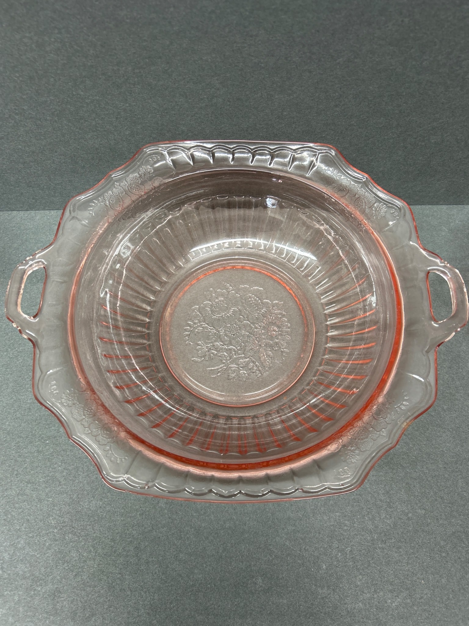 Two Pink Depression Glass Bowls with Floral Pattern and Handles - 5