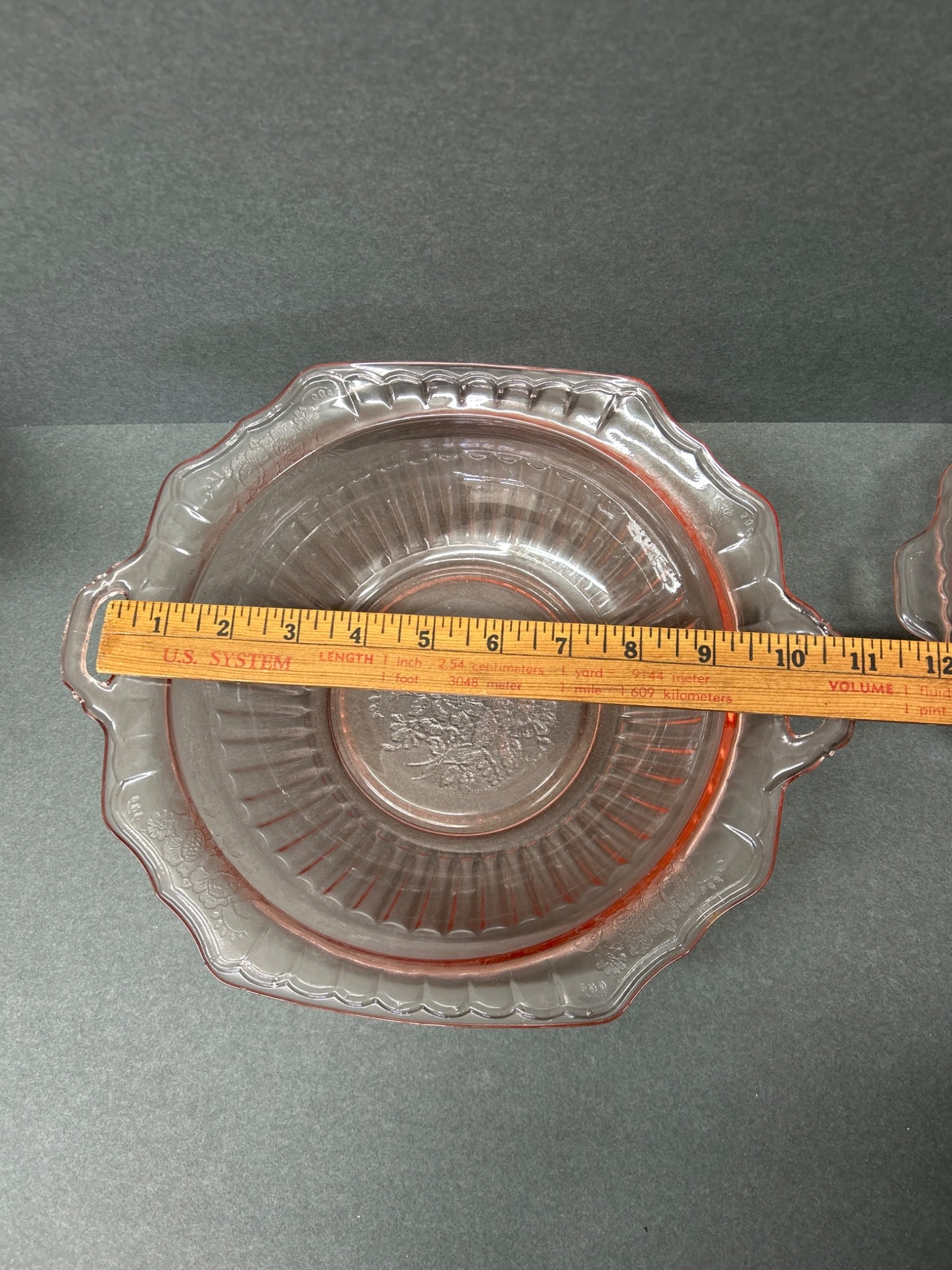 Two Pink Depression Glass Bowls with Floral Pattern and Handles - 6