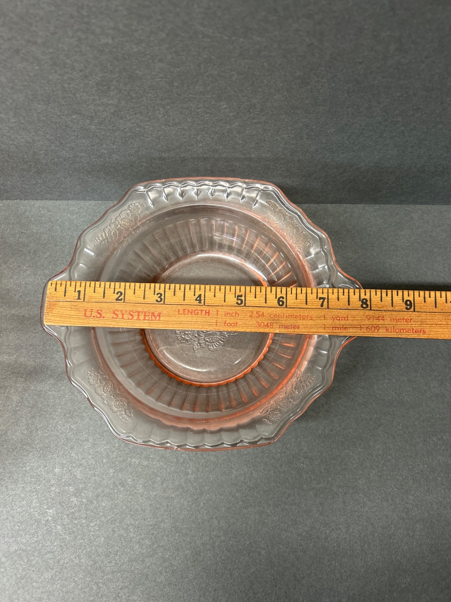 Two Pink Depression Glass Bowls with Floral Pattern and Handles - 7