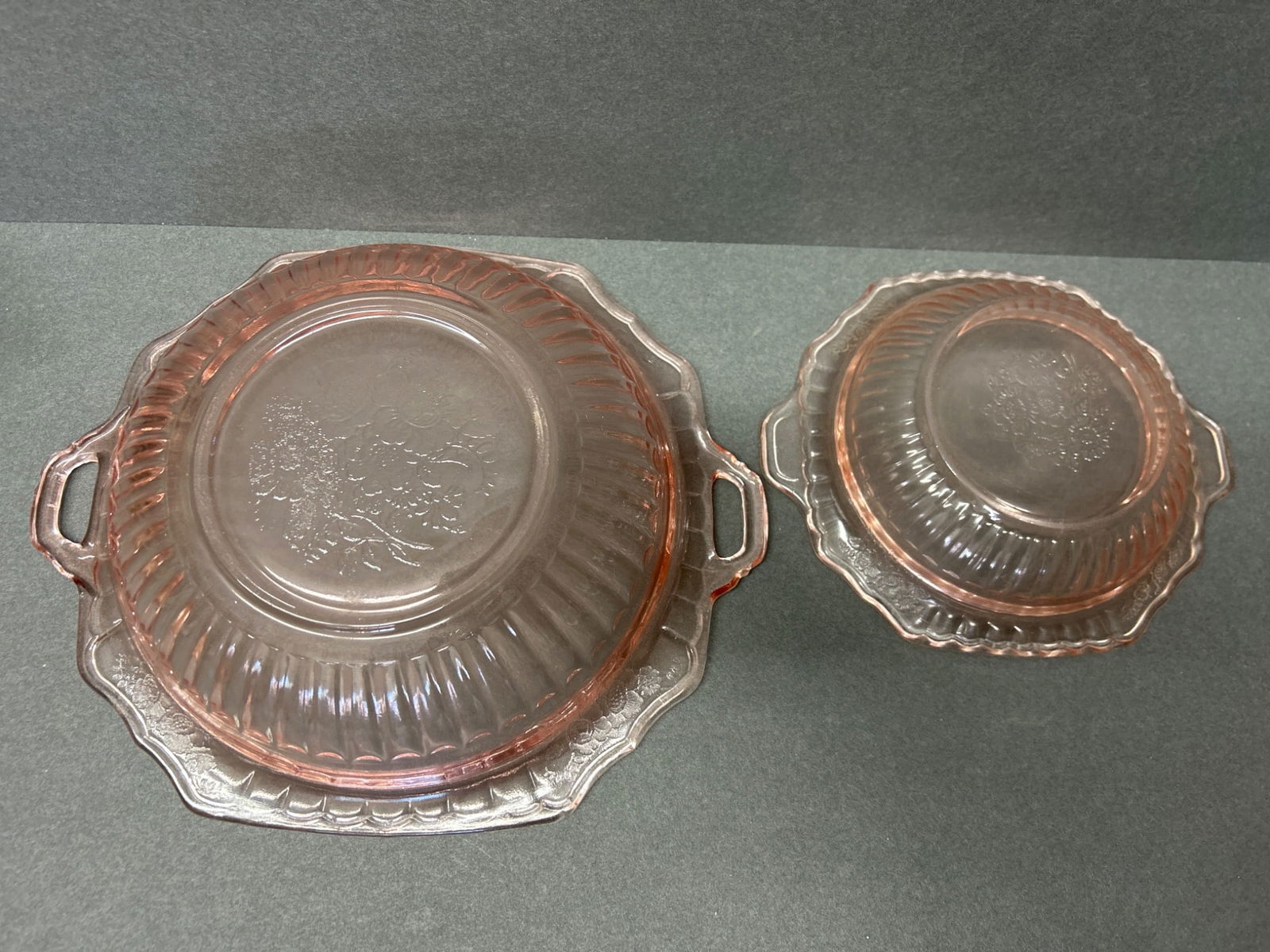 Two Pink Depression Glass Bowls with Floral Pattern and Handles - 8