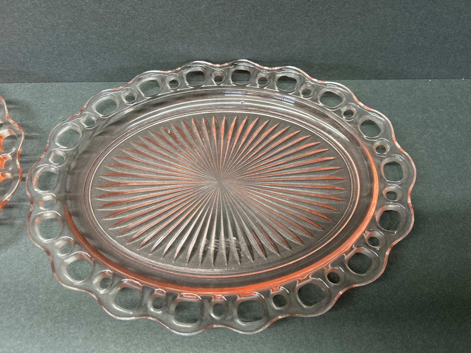 Pink Depression Glass Oval Plates with Open Lace Edge, Set of 2 - 2