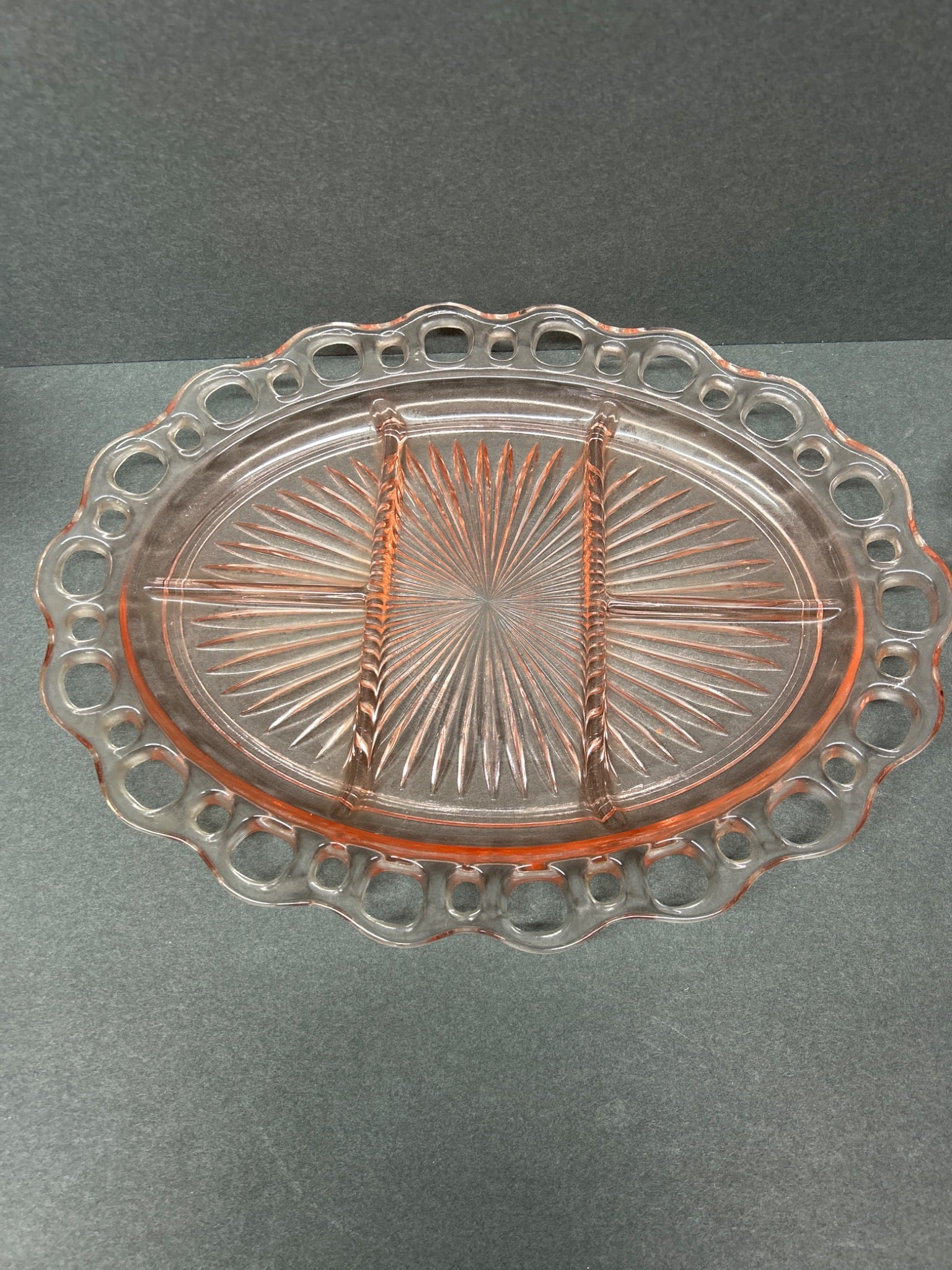 Pink Depression Glass Oval Plates with Open Lace Edge, Set of 2 - 4