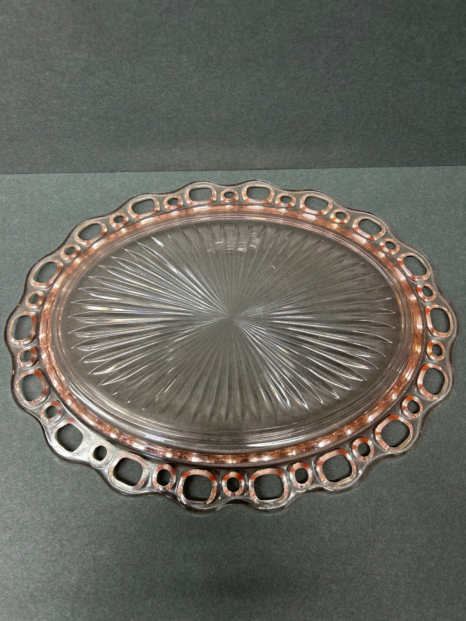 Pink Depression Glass Oval Plates with Open Lace Edge, Set of 2 - 6