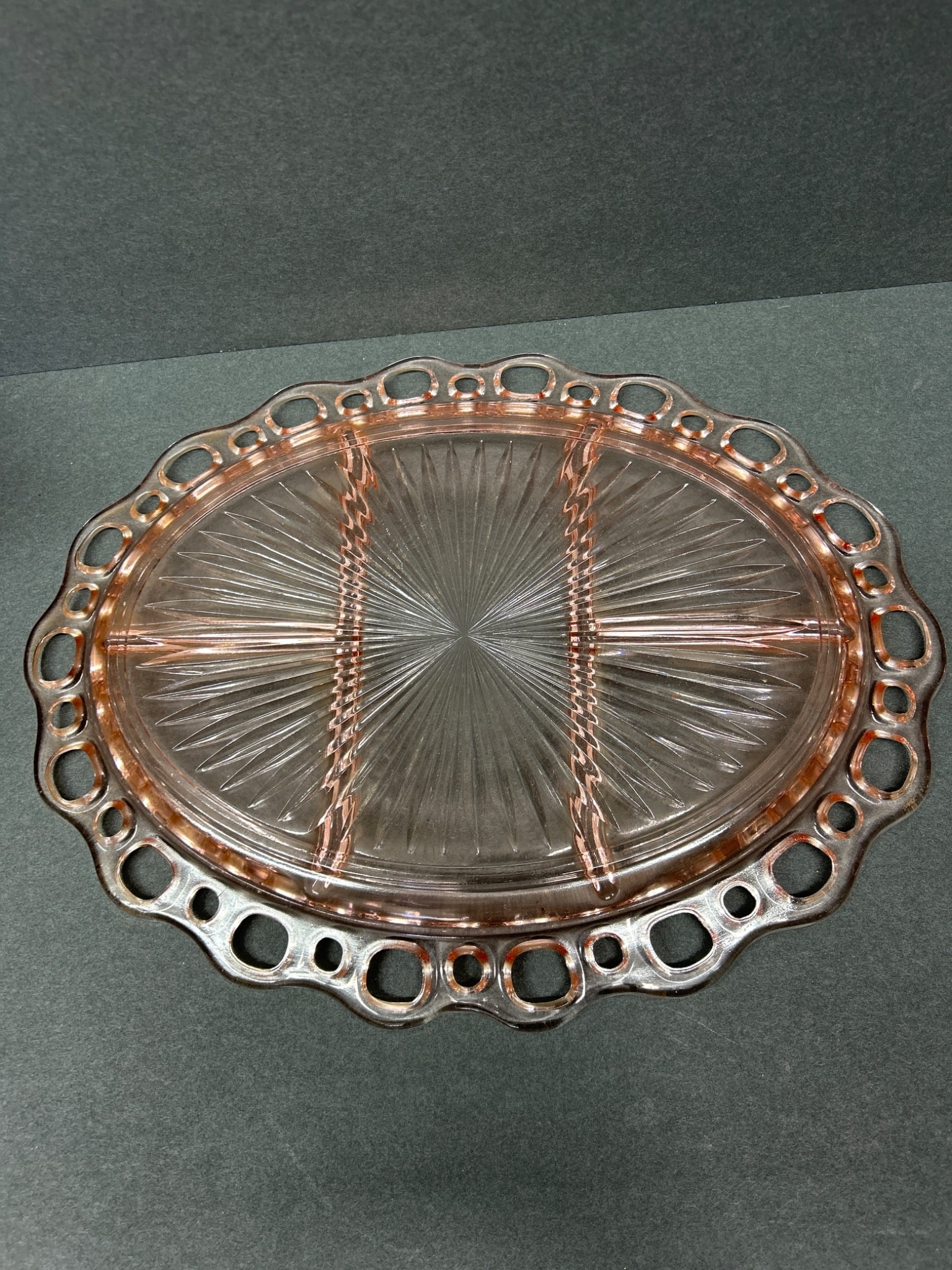 Pink Depression Glass Oval Plates with Open Lace Edge, Set of 2 - 7