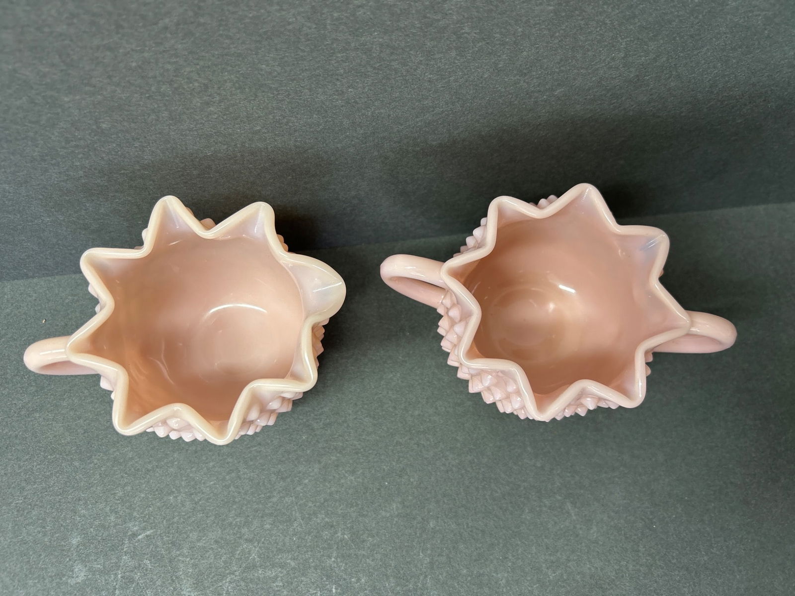 Two Hobnail Milk Glass Creamer and Sugar Bowls - Pink Finish - 2