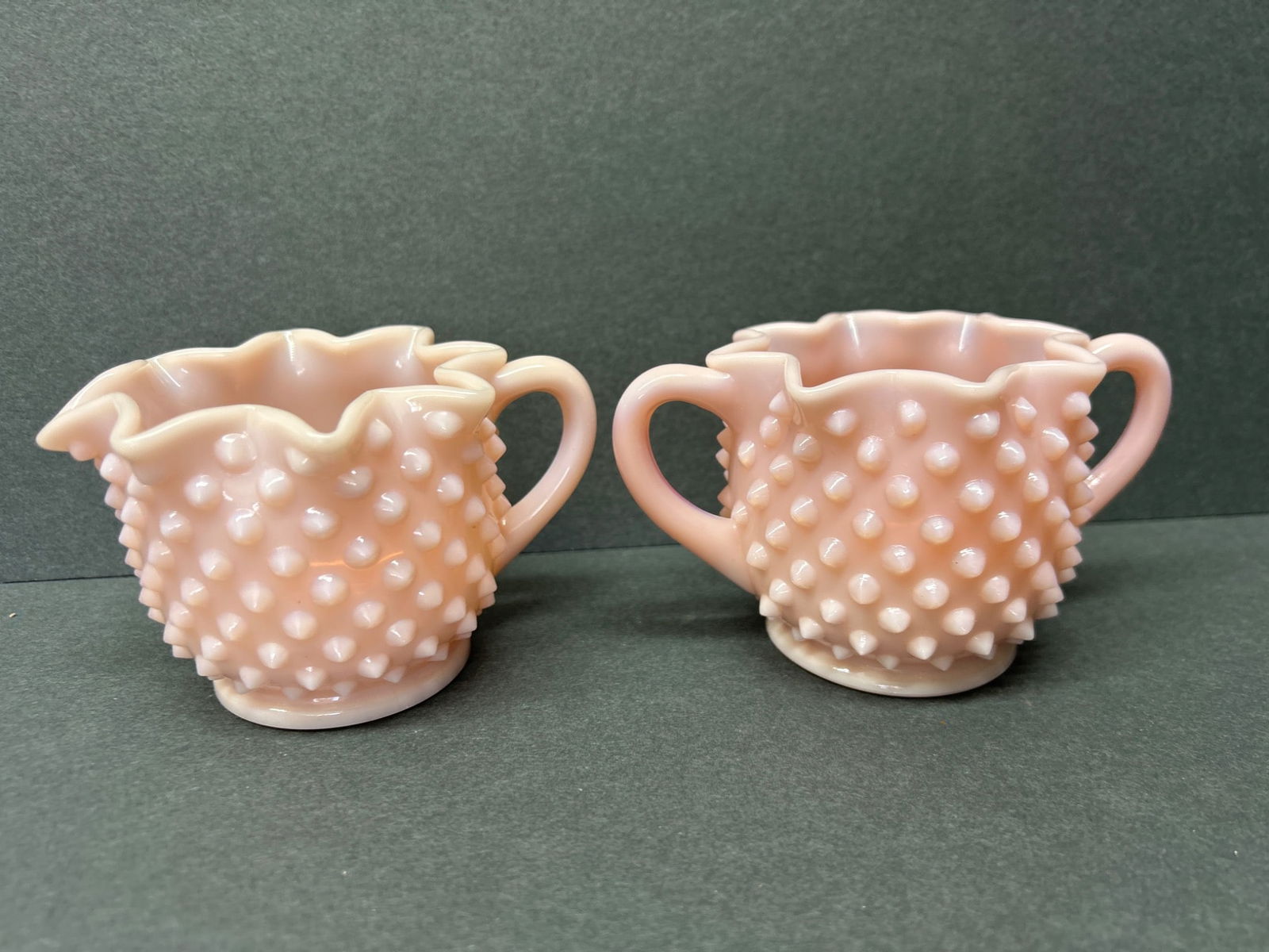 Two Hobnail Milk Glass Creamer and Sugar Bowls - Pink Finish - 3