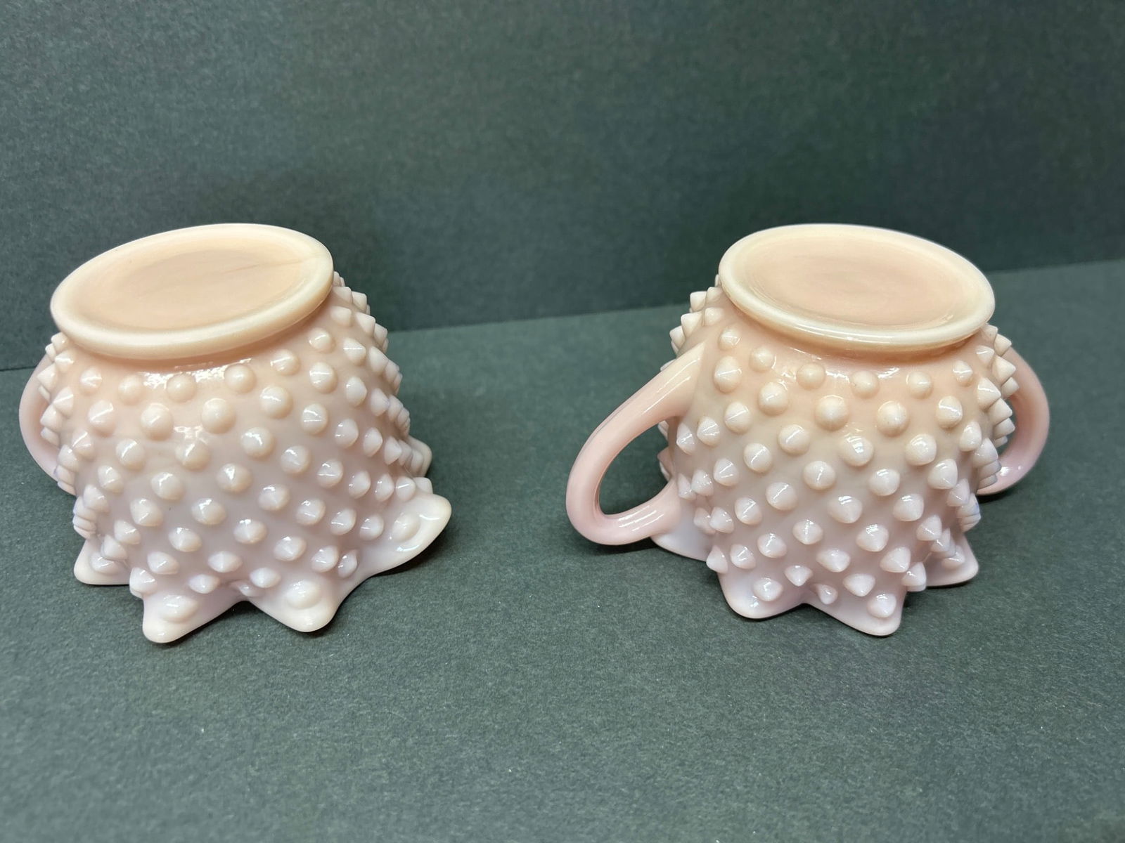 Two Hobnail Milk Glass Creamer and Sugar Bowls - Pink Finish - 5