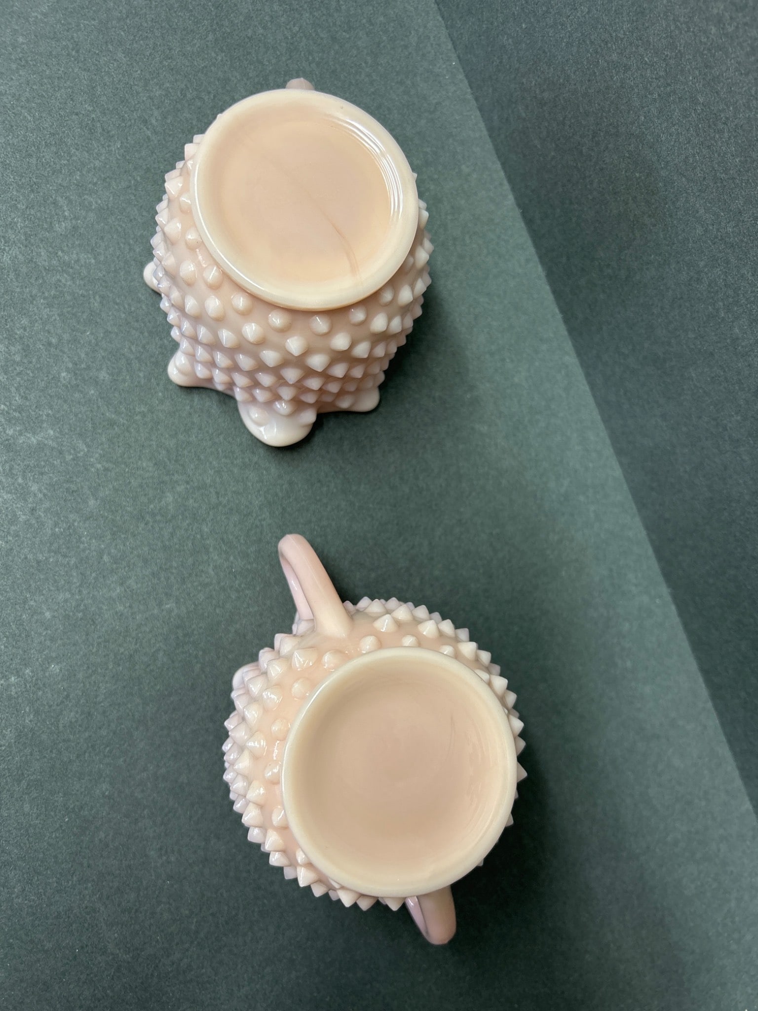 Two Hobnail Milk Glass Creamer and Sugar Bowls - Pink Finish - 6