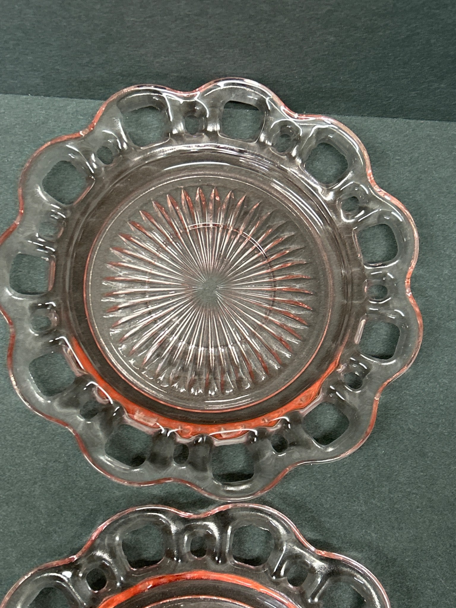 Four Pink Glass Plates with Laced Border and Sunburst Design - 3