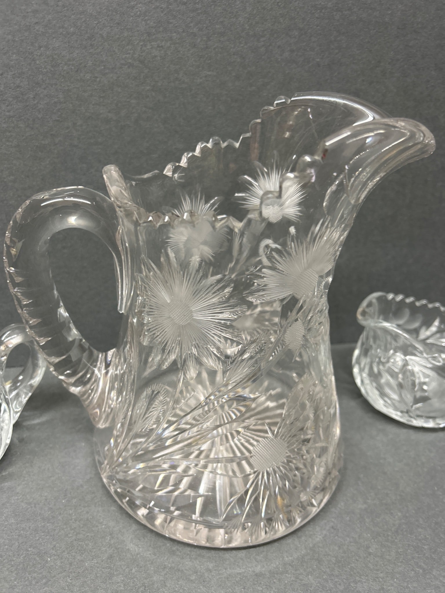 Crystal Pitcher with Floral Etching and Accompanying Sugar and Creamer Set - 2